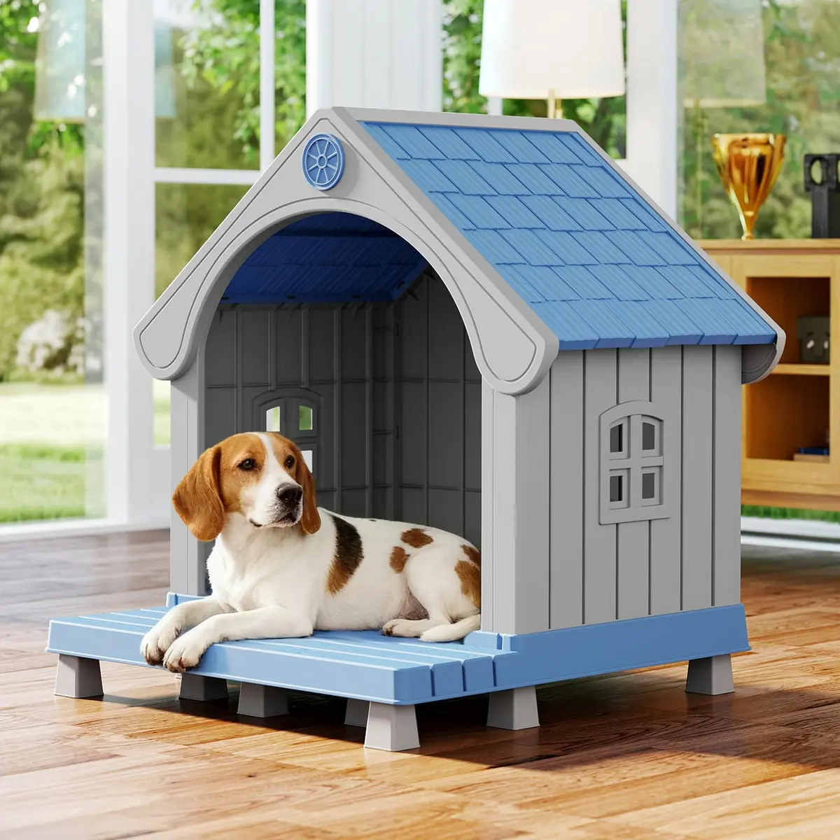 Fancyango Medium Dog House with Porch 33" L×31.5" W×38" H | Waterproof Plastic Shelter for Medium & Large Dogs - main product image