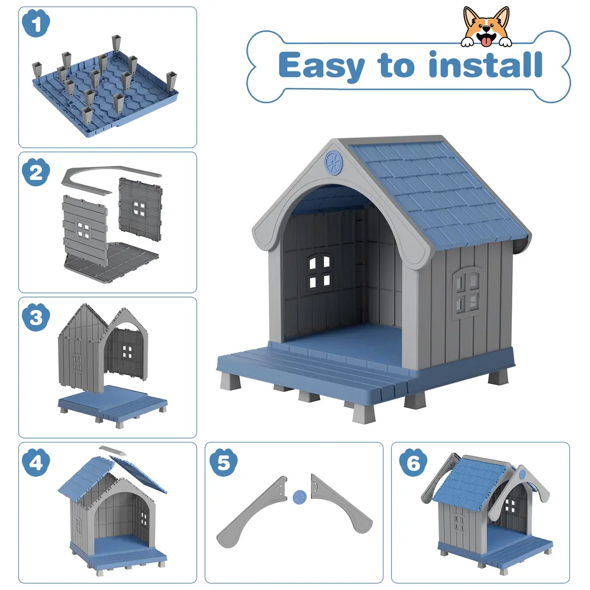 Fancyango Medium Dog House with Porch 33" L×31.5" W×38" H | Waterproof Plastic Shelter for Medium & Large Dogs - view 5