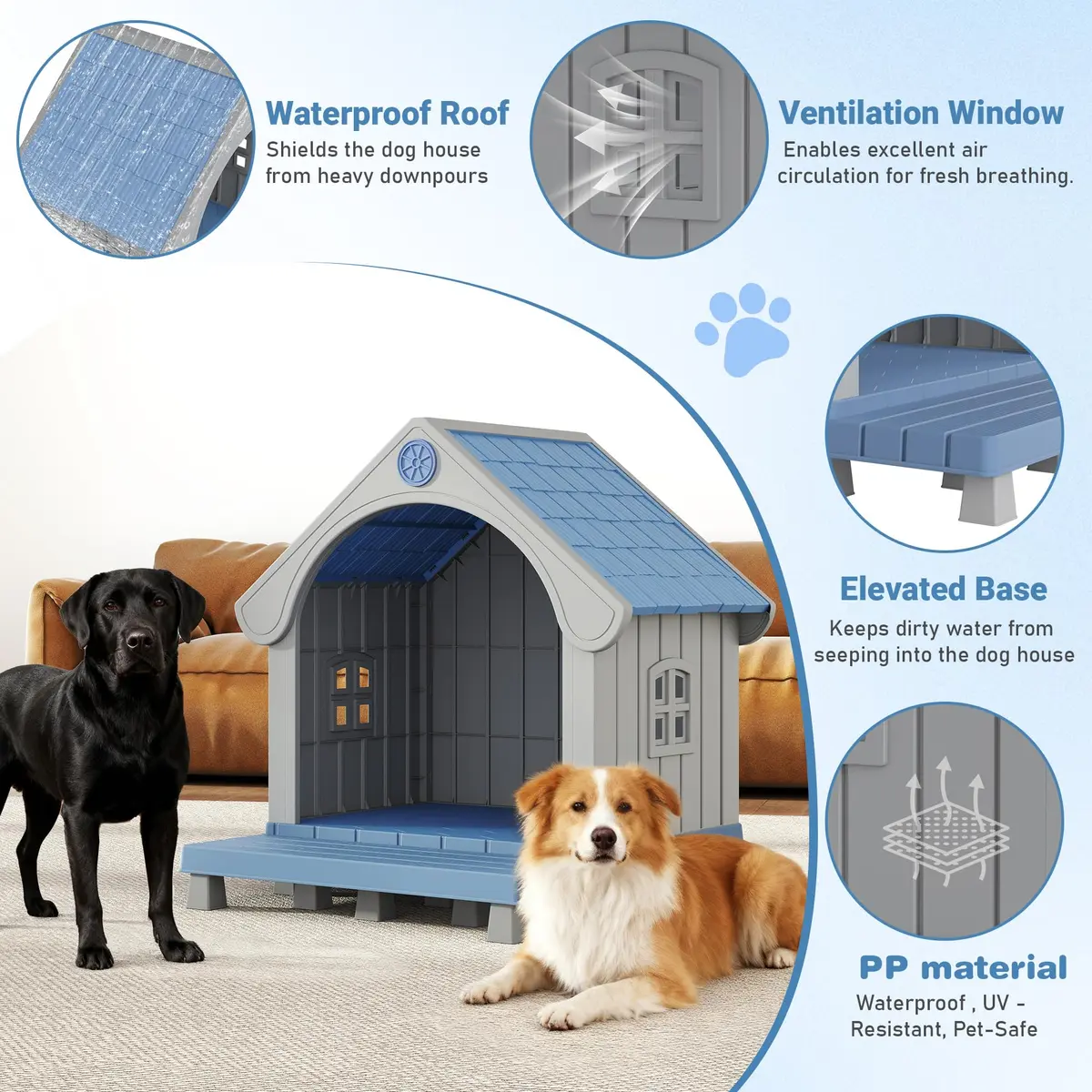 Fancyango Medium Dog House with Porch 33" L×31.5" W×38" H | Waterproof Plastic Shelter for Medium & Large Dogs - view 4