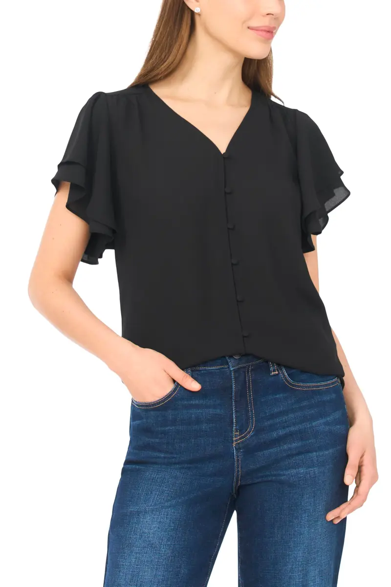 CeCe Double Flutter Sleeve Shirred Shoulder Top | Feminine Black, Lightweight, Regular Fit (70-120 chars) - main product image
