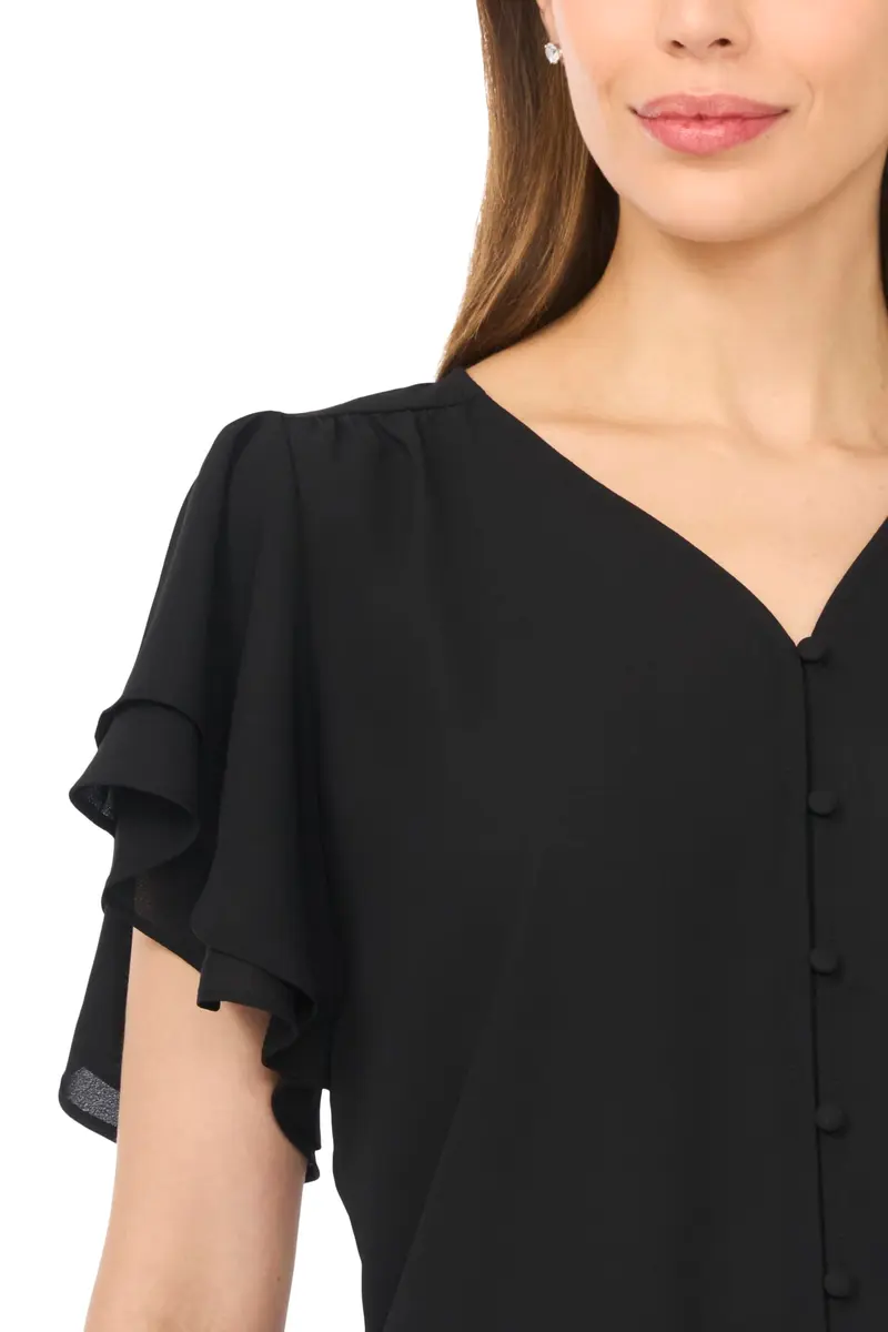 CeCe Double Flutter Sleeve Shirred Shoulder Top | Feminine Black, Lightweight, Regular Fit (70-120 chars) - view 2