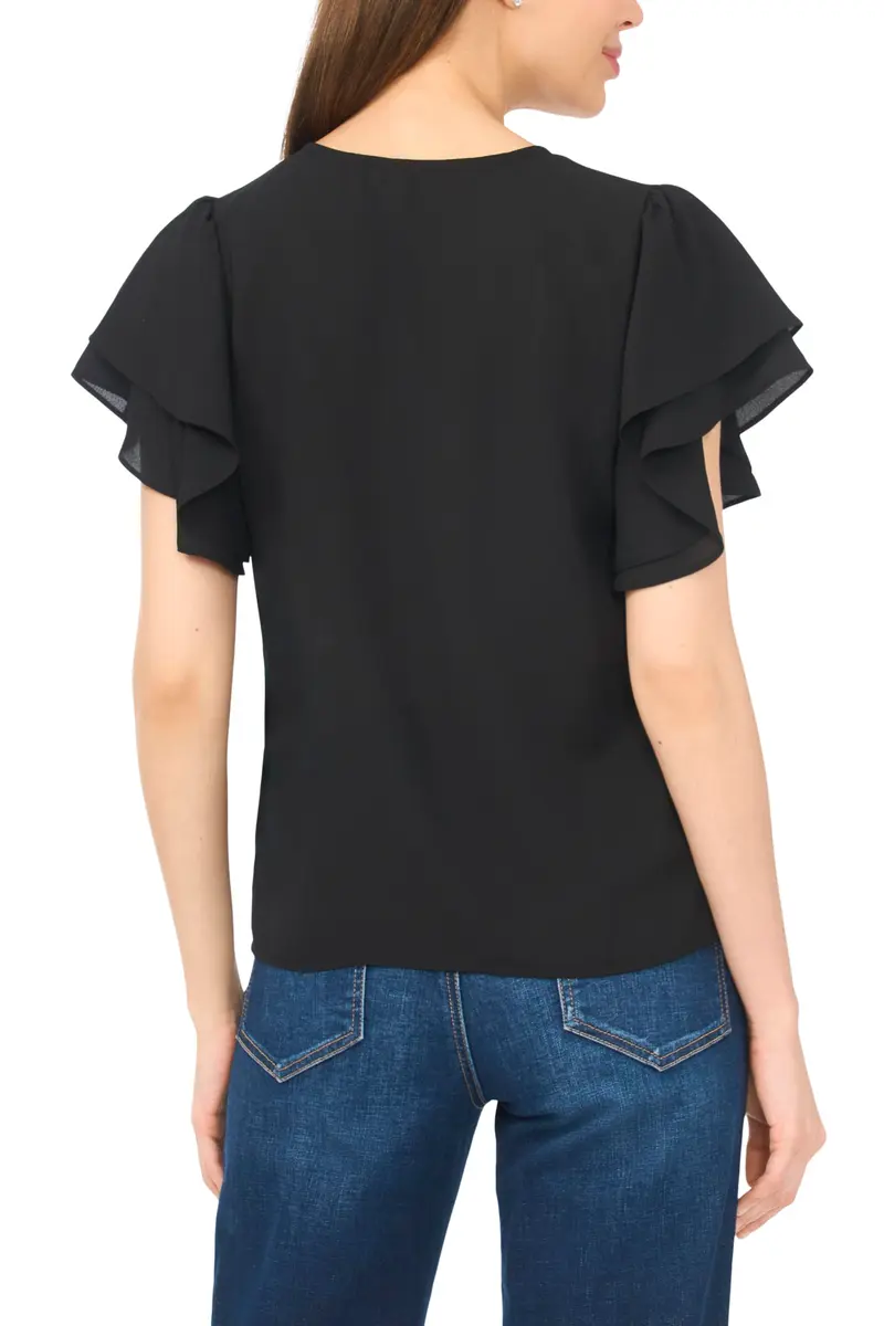 CeCe Double Flutter Sleeve Shirred Shoulder Top | Feminine Black, Lightweight, Regular Fit (70-120 chars) - view 3