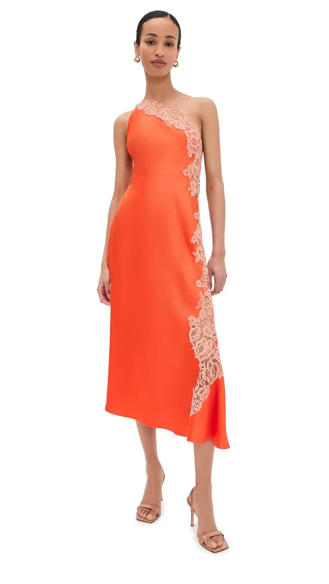 ALC Lou Dress Vivid Orange/Pale Blush | One-Shoulder Midi with Lace, Size 0 - main product image