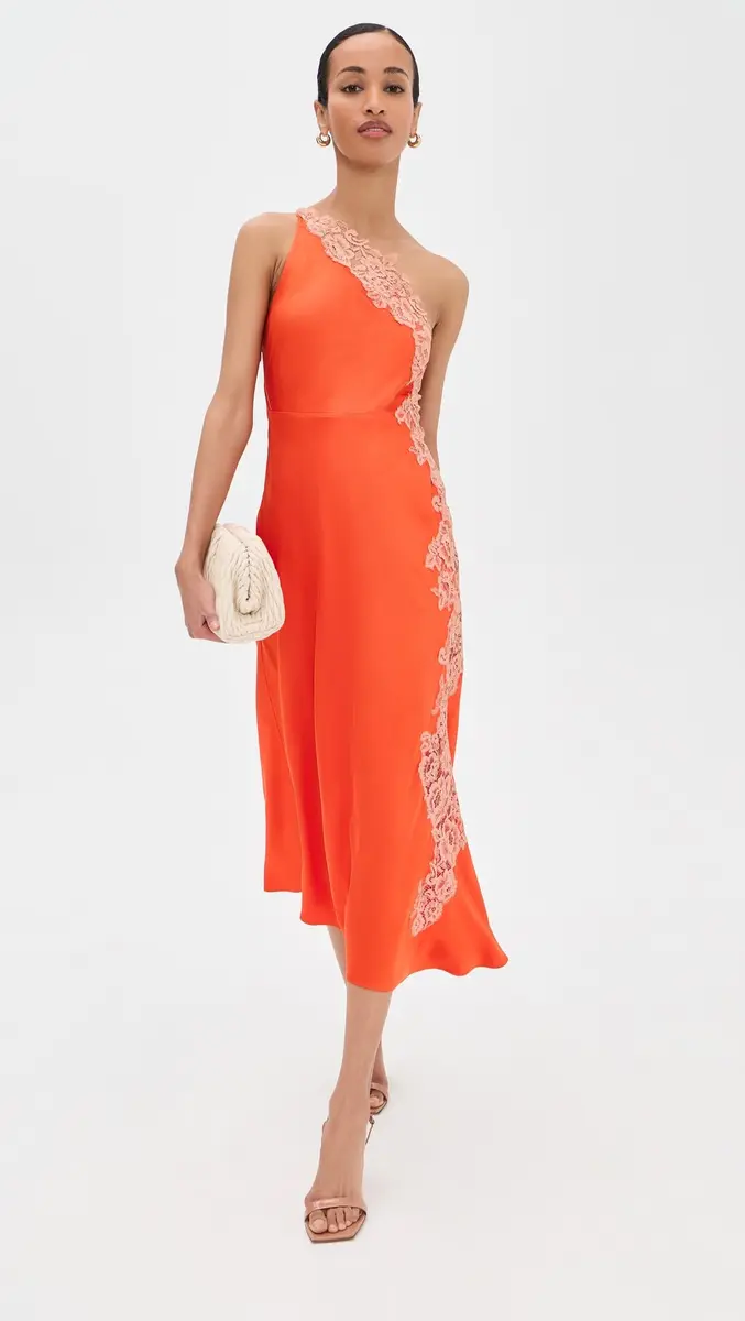 ALC Lou Dress Vivid Orange/Pale Blush | One-Shoulder Midi with Lace, Size 0 - view 5
