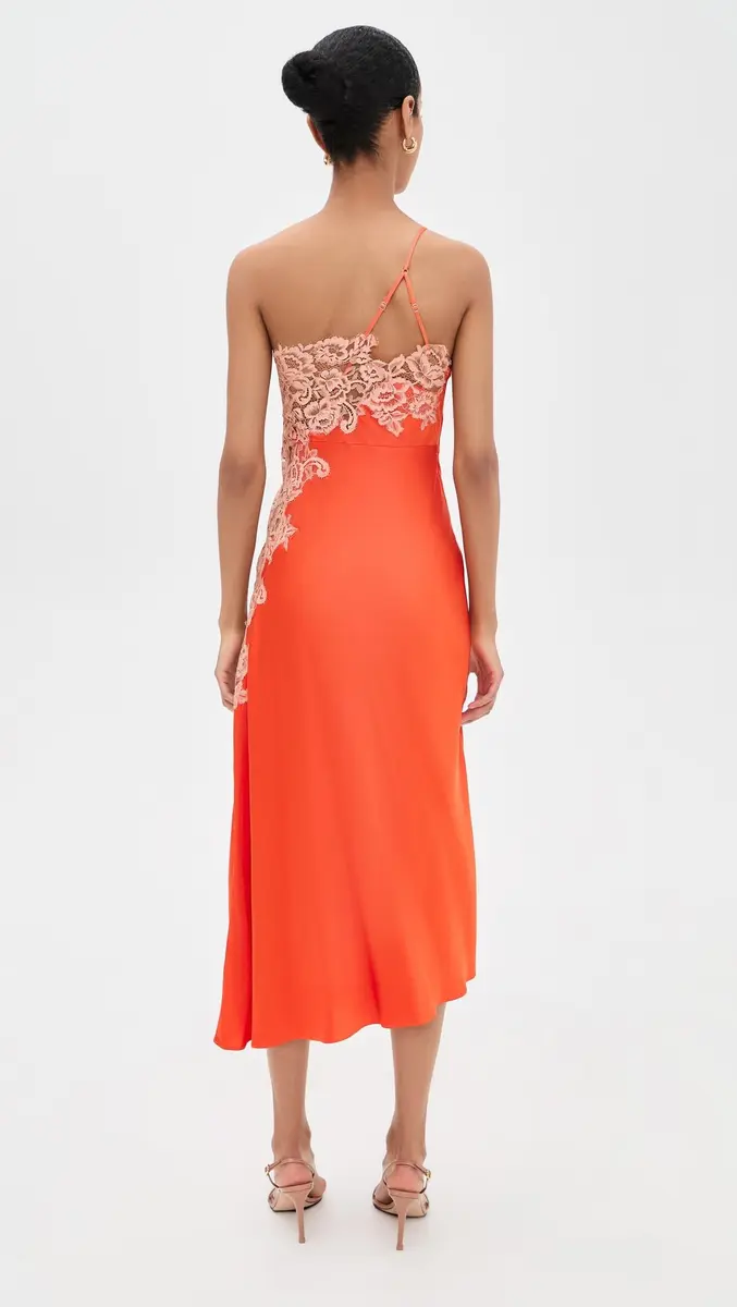 ALC Lou Dress Vivid Orange/Pale Blush | One-Shoulder Midi with Lace, Size 0 - view 3