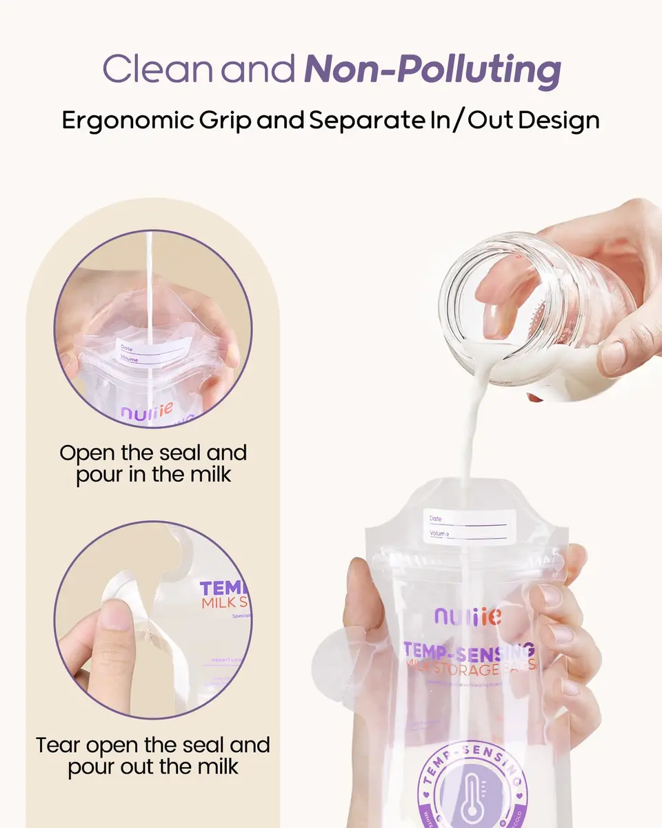 Nuliie Temp-Sensing Breastmilk Storage Bags 100 Count | 180ml (6oz) Freezer Safe Bags with Locking Clip & Pour Spout - view 5