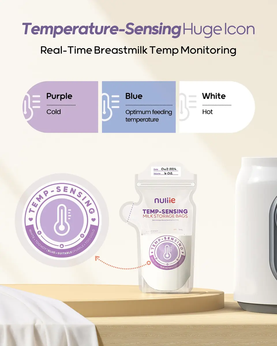 Nuliie Temp-Sensing Breastmilk Storage Bags 100 Count | 180ml (6oz) Freezer Safe Bags with Locking Clip & Pour Spout - view 3