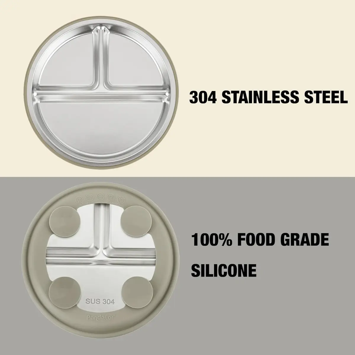 PandaEar 3 Pack Stainless Steel Baby Suction Plates | Divided Toddler Plate for Baby Led Weaning, Non-Slip, Dishwasher Safe (Linen/Brown/Tan) - view 6
