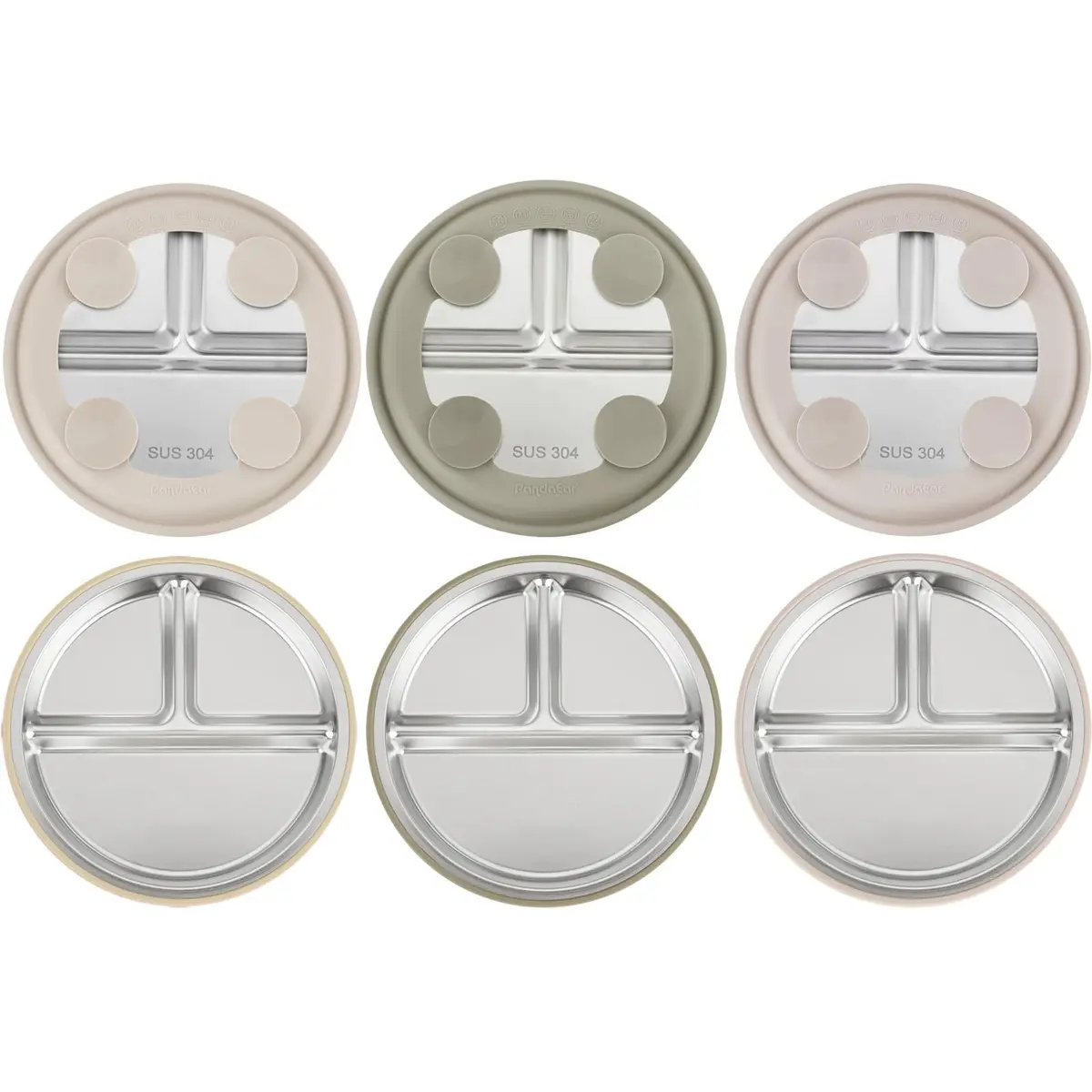 PandaEar 3 Pack Stainless Steel Baby Suction Plates | Divided Toddler Plate for Baby Led Weaning, Non-Slip, Dishwasher Safe (Linen/Brown/Tan) - main product image