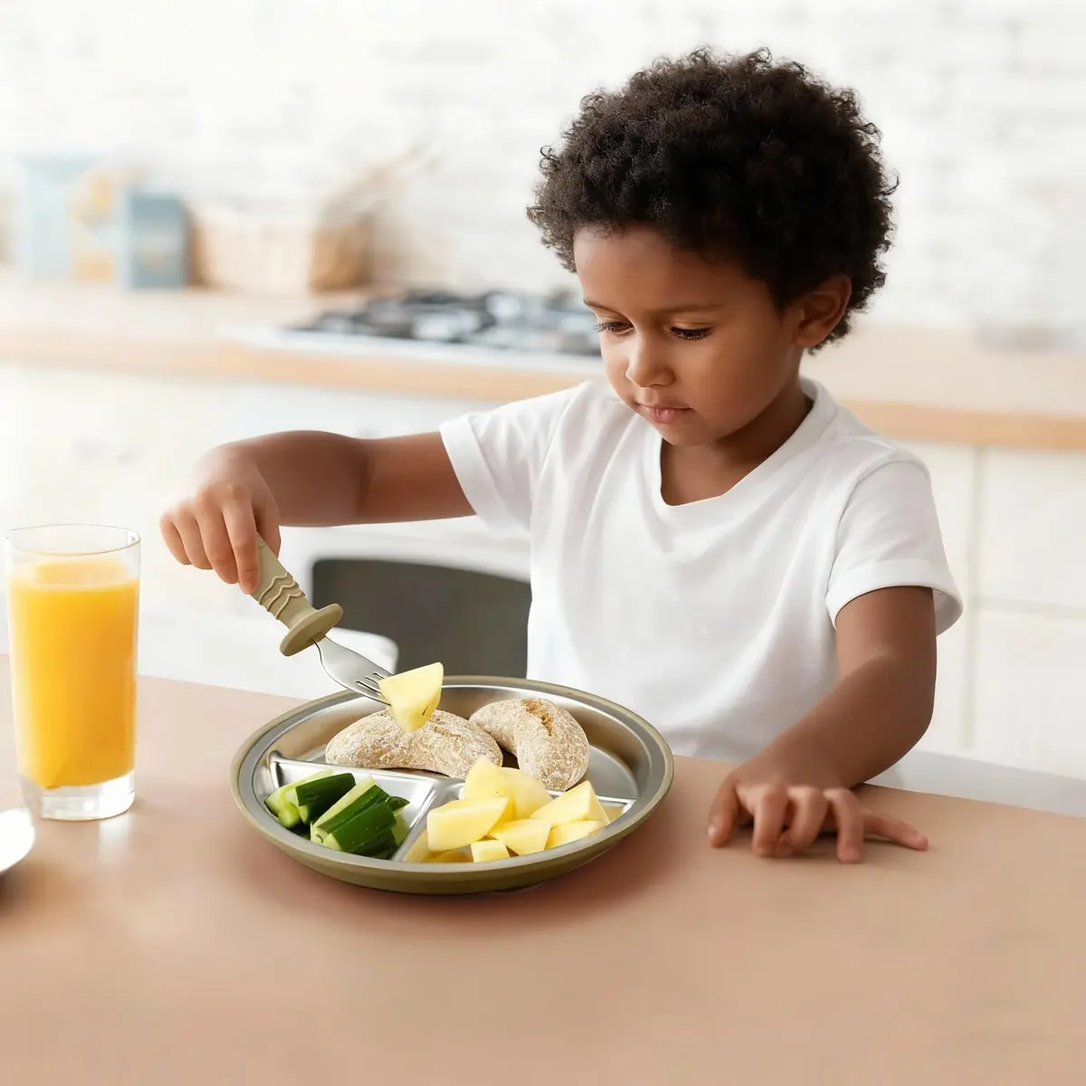 PandaEar 3 Pack Stainless Steel Baby Suction Plates | Divided Toddler Plate for Baby Led Weaning, Non-Slip, Dishwasher Safe (Linen/Brown/Tan) - view 2