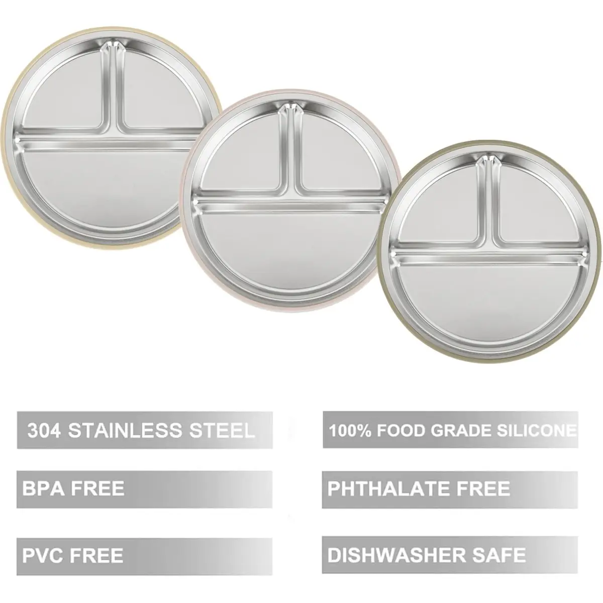 PandaEar 3 Pack Stainless Steel Baby Suction Plates | Divided Toddler Plate for Baby Led Weaning, Non-Slip, Dishwasher Safe (Linen/Brown/Tan) - view 3