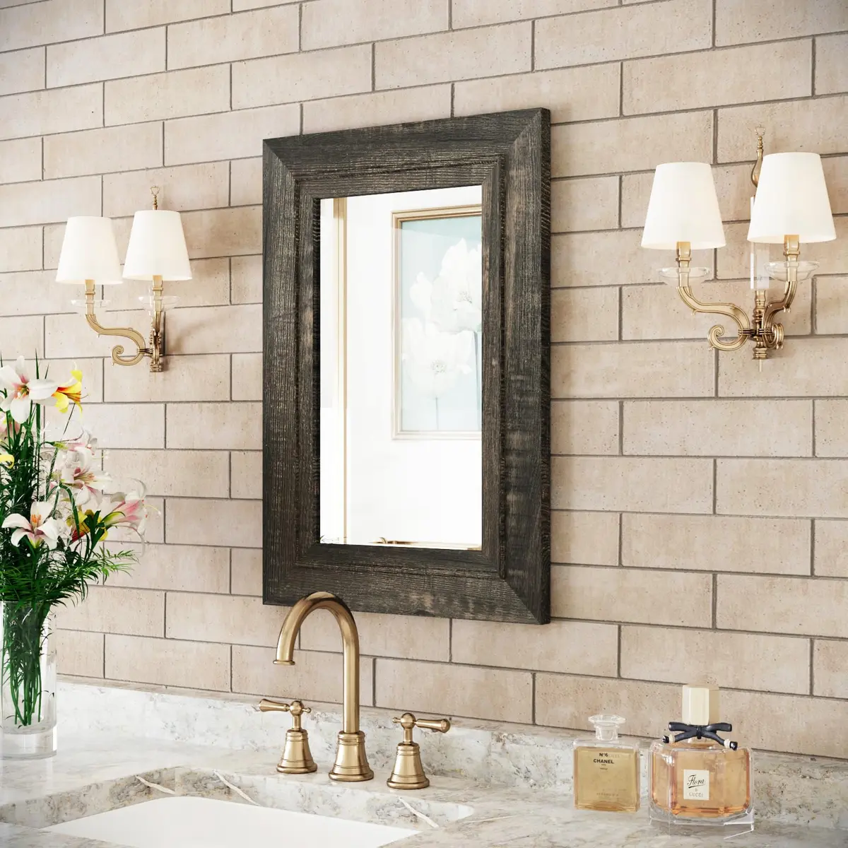 ALBAD Rustic Wall-Mounted Vanity Mirror 26"L x 18"W | Farmhouse Style, Durable MDF, Moisture-Resistant - view 2