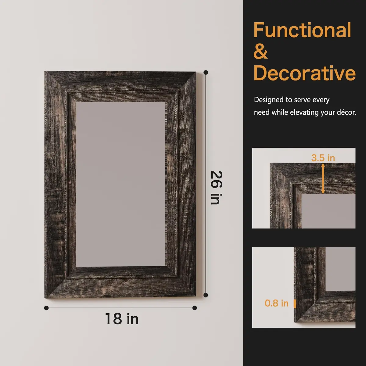 ALBAD Rustic Wall-Mounted Vanity Mirror 26"L x 18"W | Farmhouse Style, Durable MDF, Moisture-Resistant - view 3