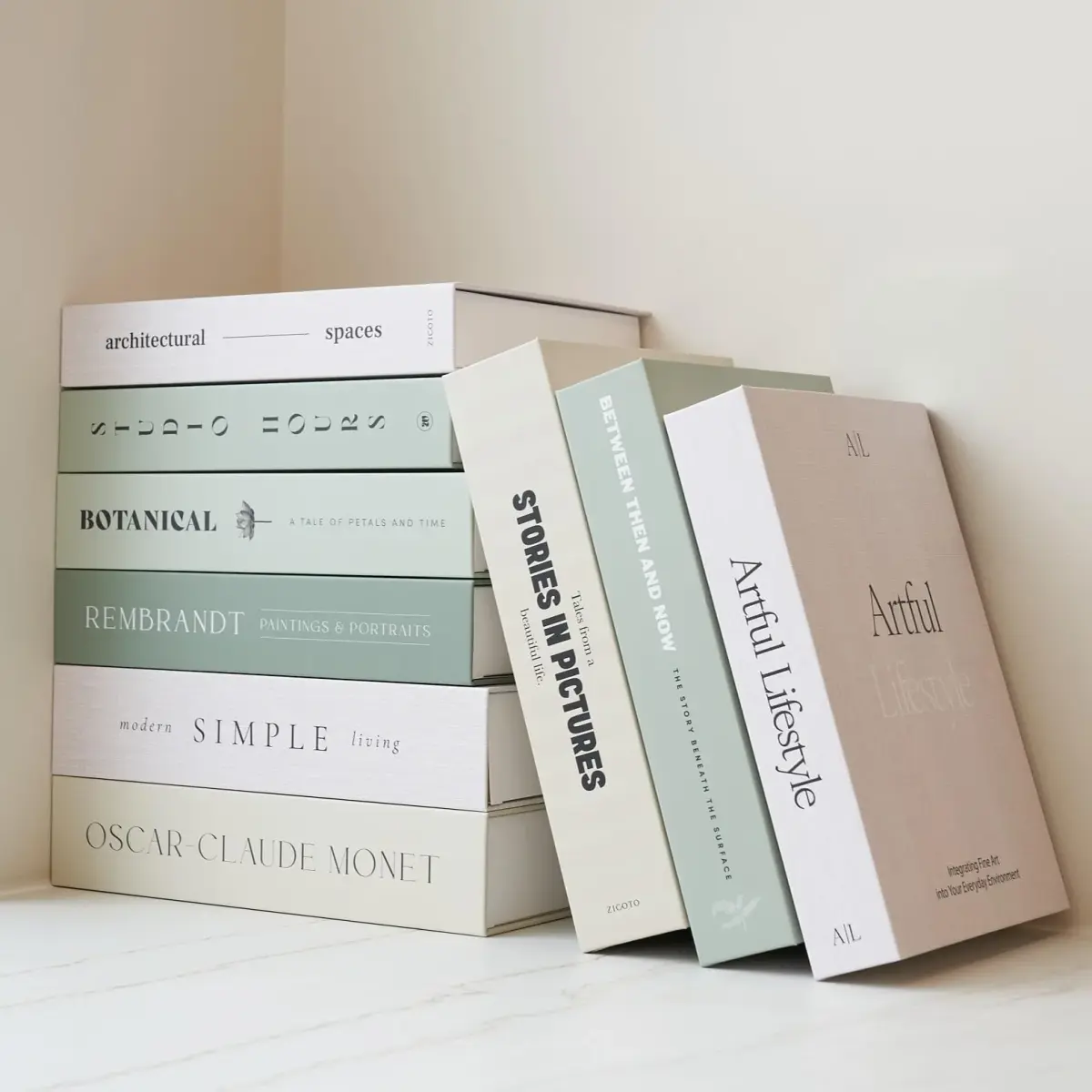 ZICOTO Decorative Faux Books Set of 9 | 24.1 cm (9.5") x 16.5 cm (6.5") x 5.1 cm (2") | Modern Sage & Beige Aesthetic Home Decor - main product image