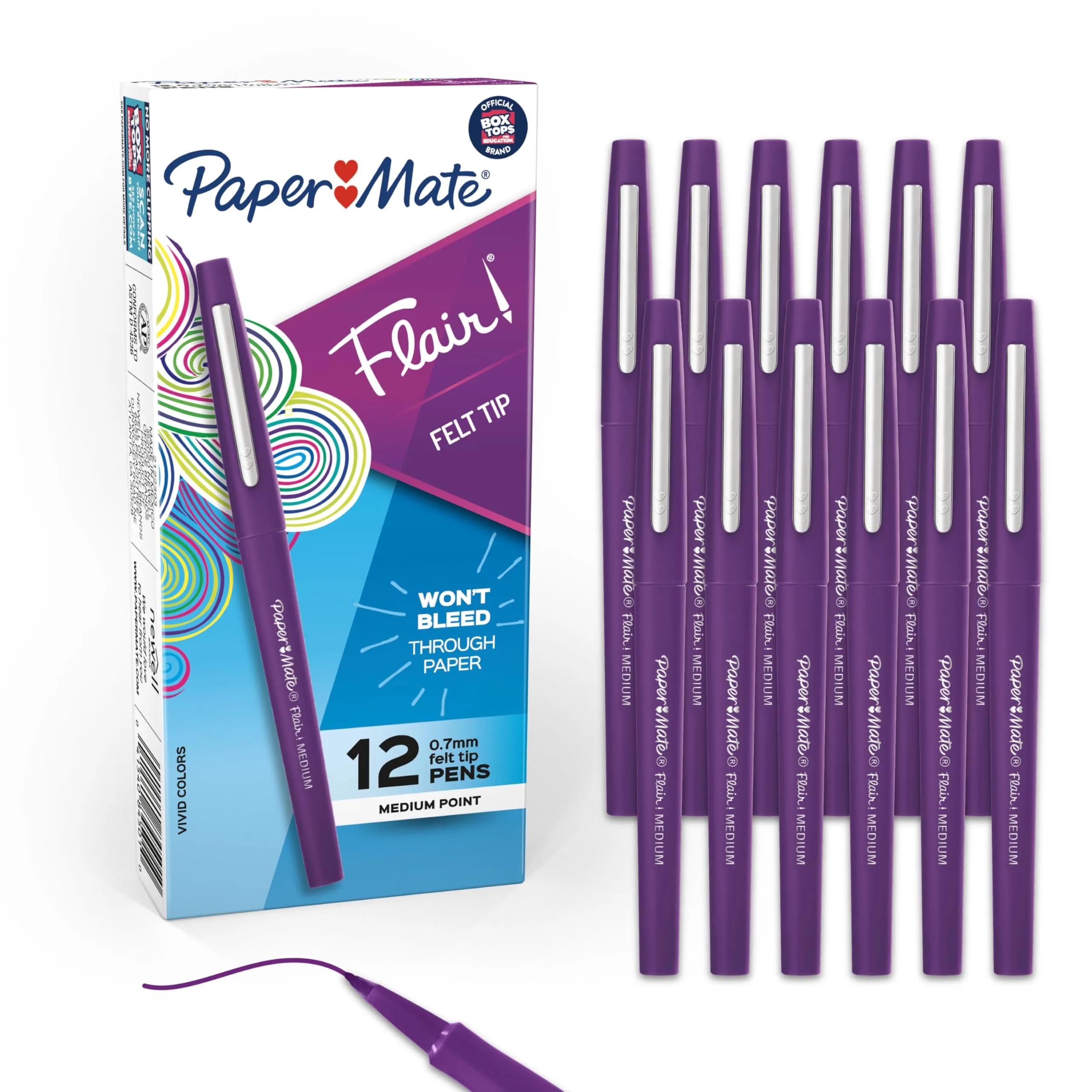 Paper Mate Flair Felt Tip Pens Medium Point (0.7mm) Vivid Purple, Pack of 12 | Smooth Ink Flow for Students & Office - main product image