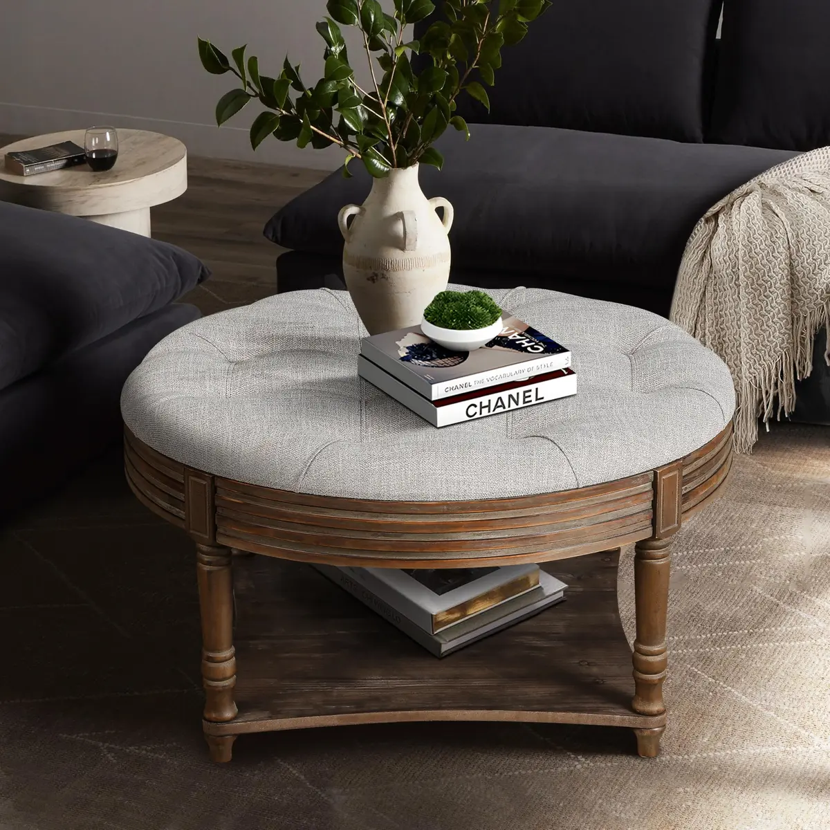 Noble House Huza Round Ottoman Coffee Table 31.5"D x 31.5"W x 18.5"H | Farmhouse Linen Fabric - main product image