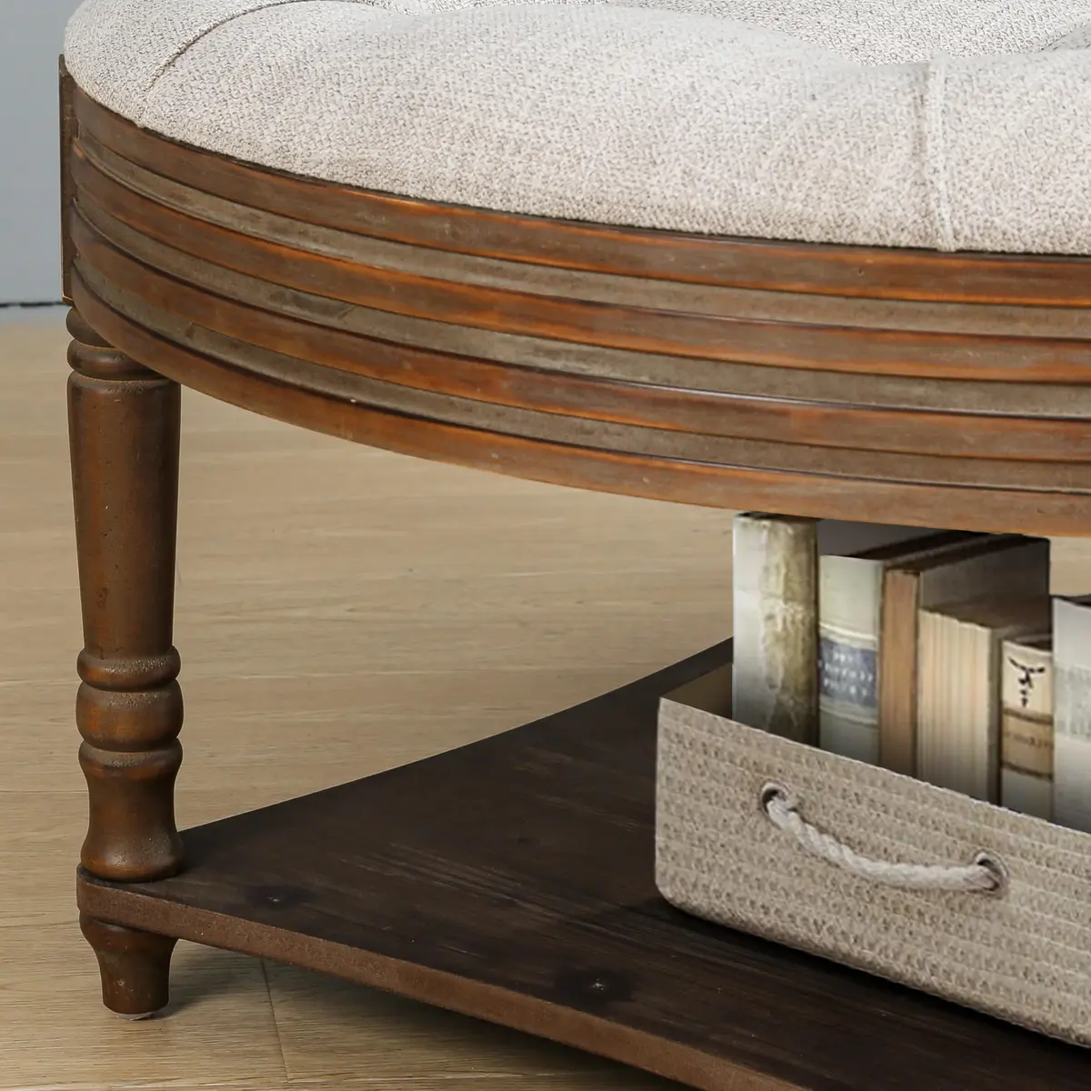 Noble House Huza Round Ottoman Coffee Table 31.5"D x 31.5"W x 18.5"H | Farmhouse Linen Fabric - view 5