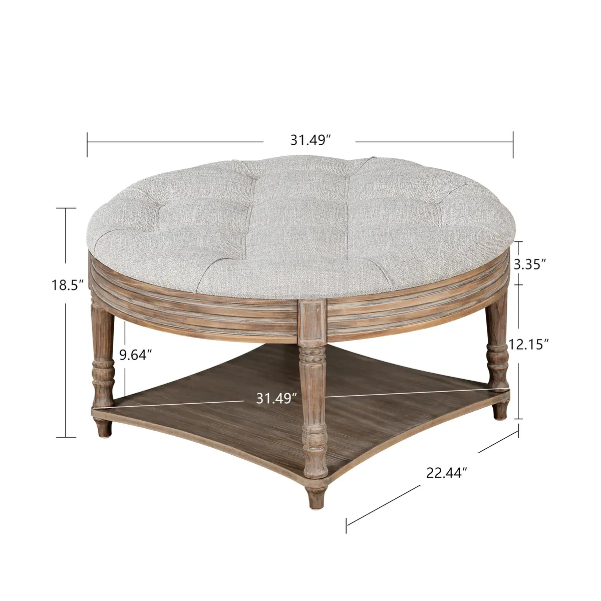 Noble House Huza Round Ottoman Coffee Table 31.5"D x 31.5"W x 18.5"H | Farmhouse Linen Fabric - view 2