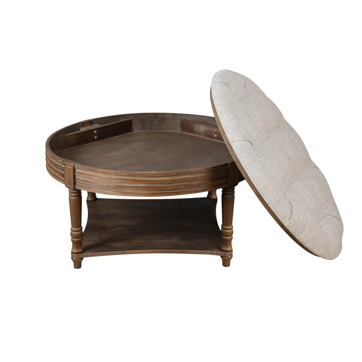 Noble House Huza Round Ottoman Coffee Table 31.5"D x 31.5"W x 18.5"H | Farmhouse Linen Fabric - view 3