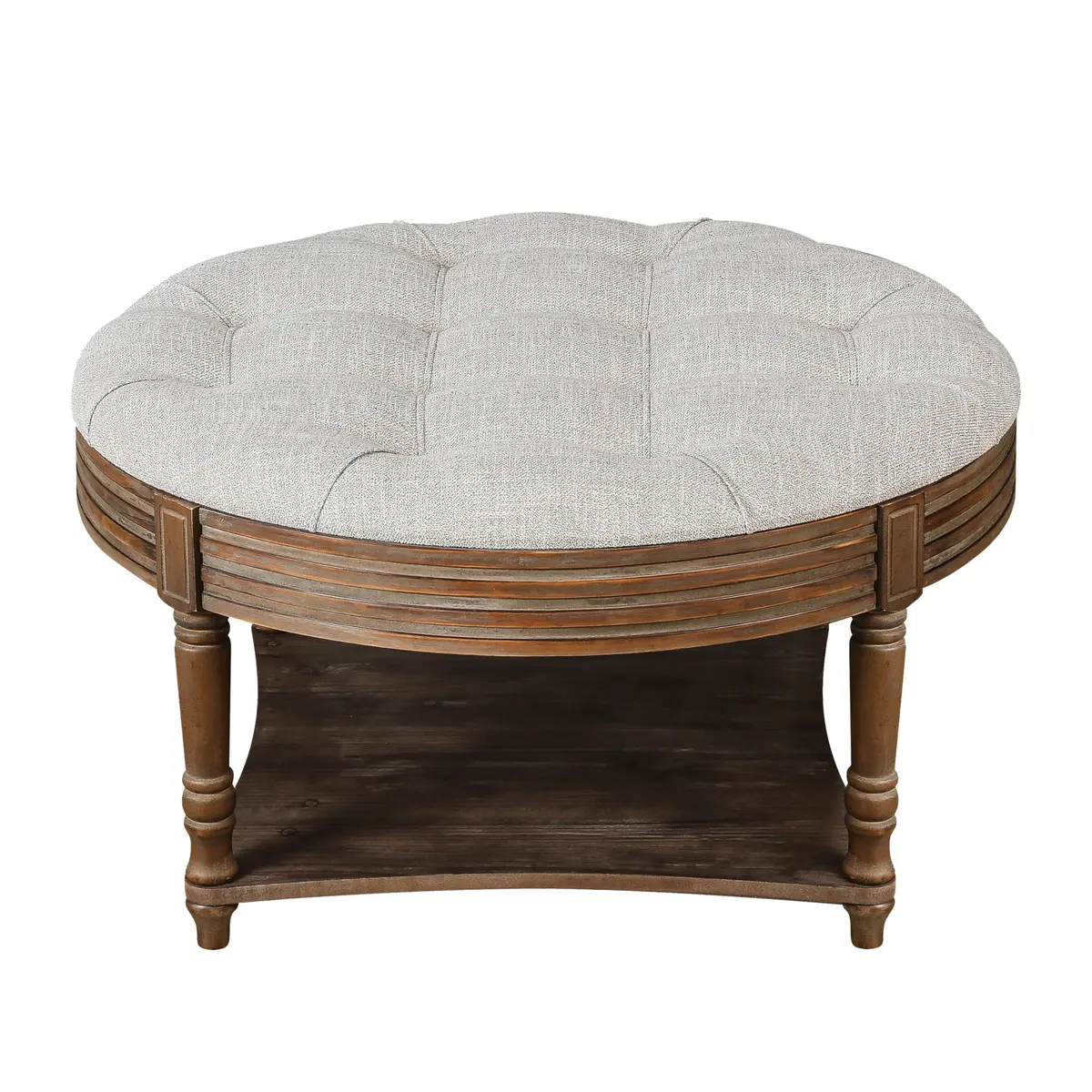 Noble House Huza Round Ottoman Coffee Table 31.5"D x 31.5"W x 18.5"H | Farmhouse Linen Fabric - view 4