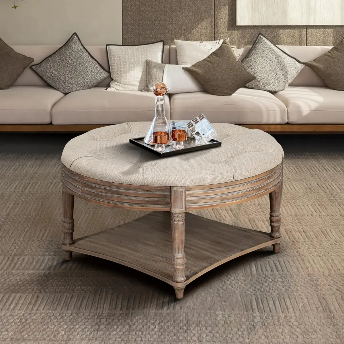 Noble House Home Furnishings Huza Round Ottoman Coffee Table, 2 Tier Button Tufted, 31.5"D x 31.5"W x 18.5"H, Farmhouse Linen Fabric - main product image