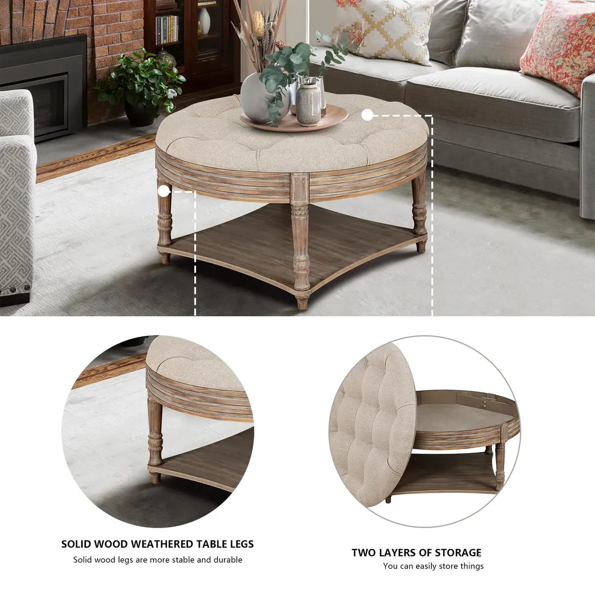 Noble House Home Furnishings Huza Round Ottoman Coffee Table, 2 Tier Button Tufted, 31.5"D x 31.5"W x 18.5"H, Farmhouse Linen Fabric - view 5