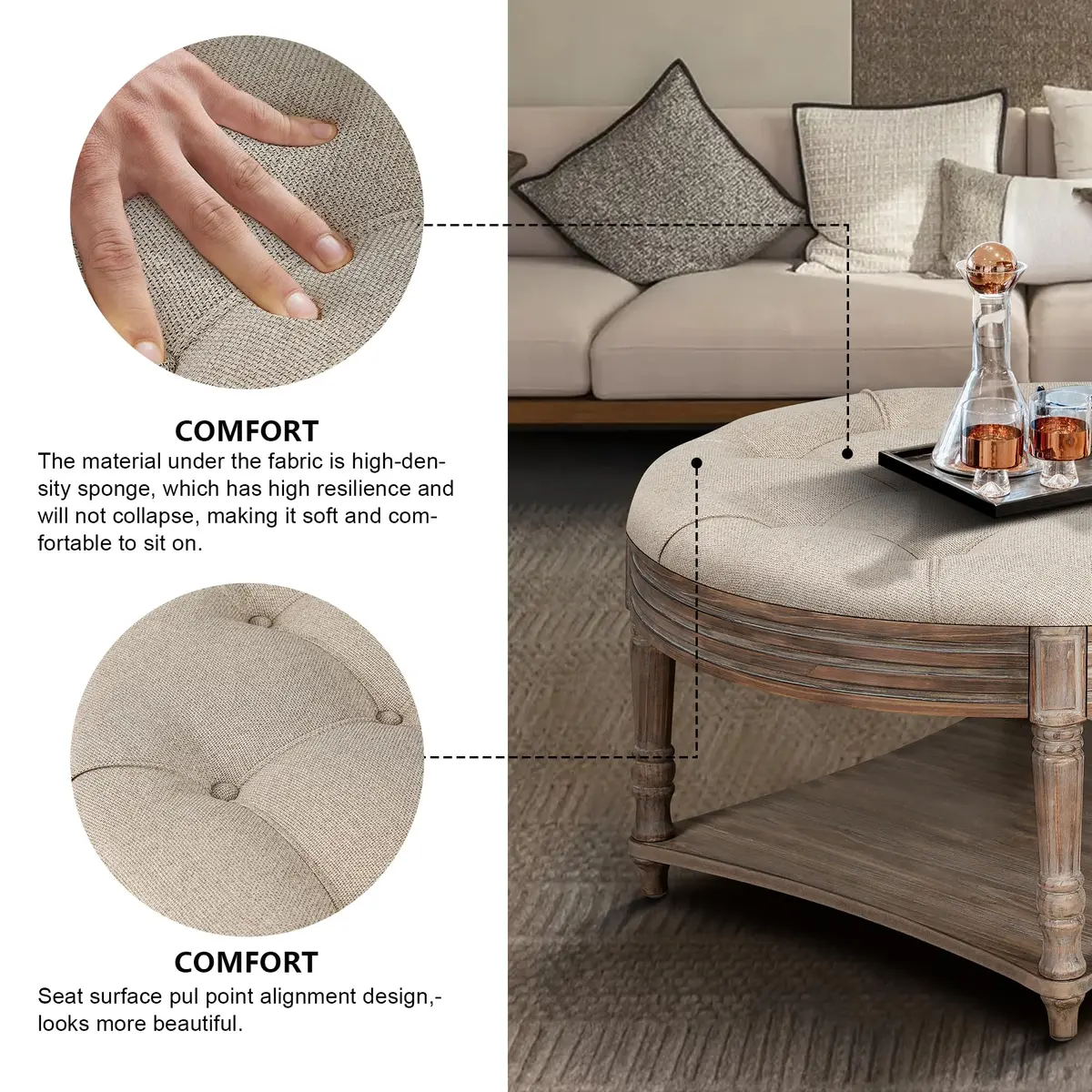 Noble House Home Furnishings Huza Round Ottoman Coffee Table, 2 Tier Button Tufted, 31.5"D x 31.5"W x 18.5"H, Farmhouse Linen Fabric - view 6