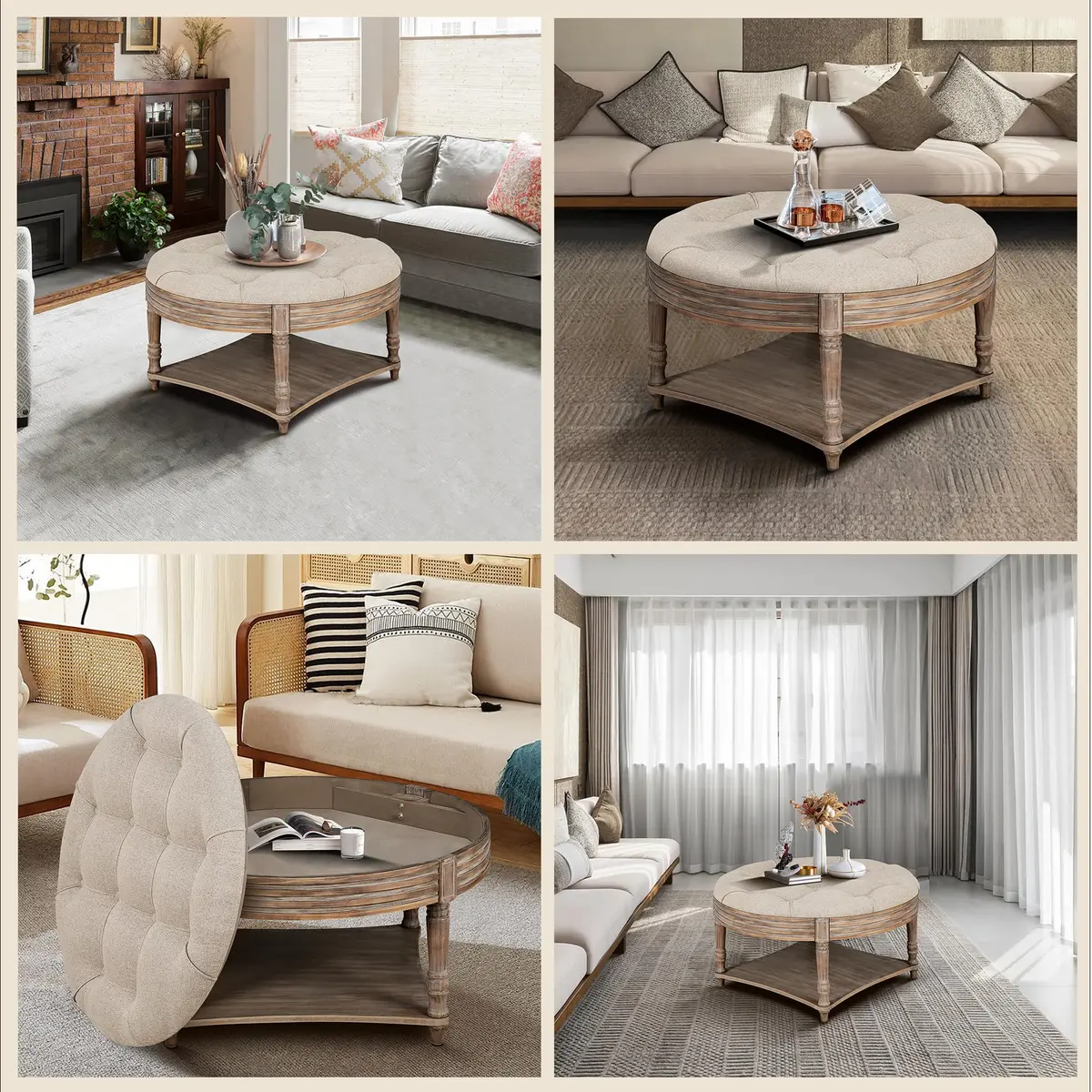 Noble House Home Furnishings Huza Round Ottoman Coffee Table, 2 Tier Button Tufted, 31.5"D x 31.5"W x 18.5"H, Farmhouse Linen Fabric - view 7