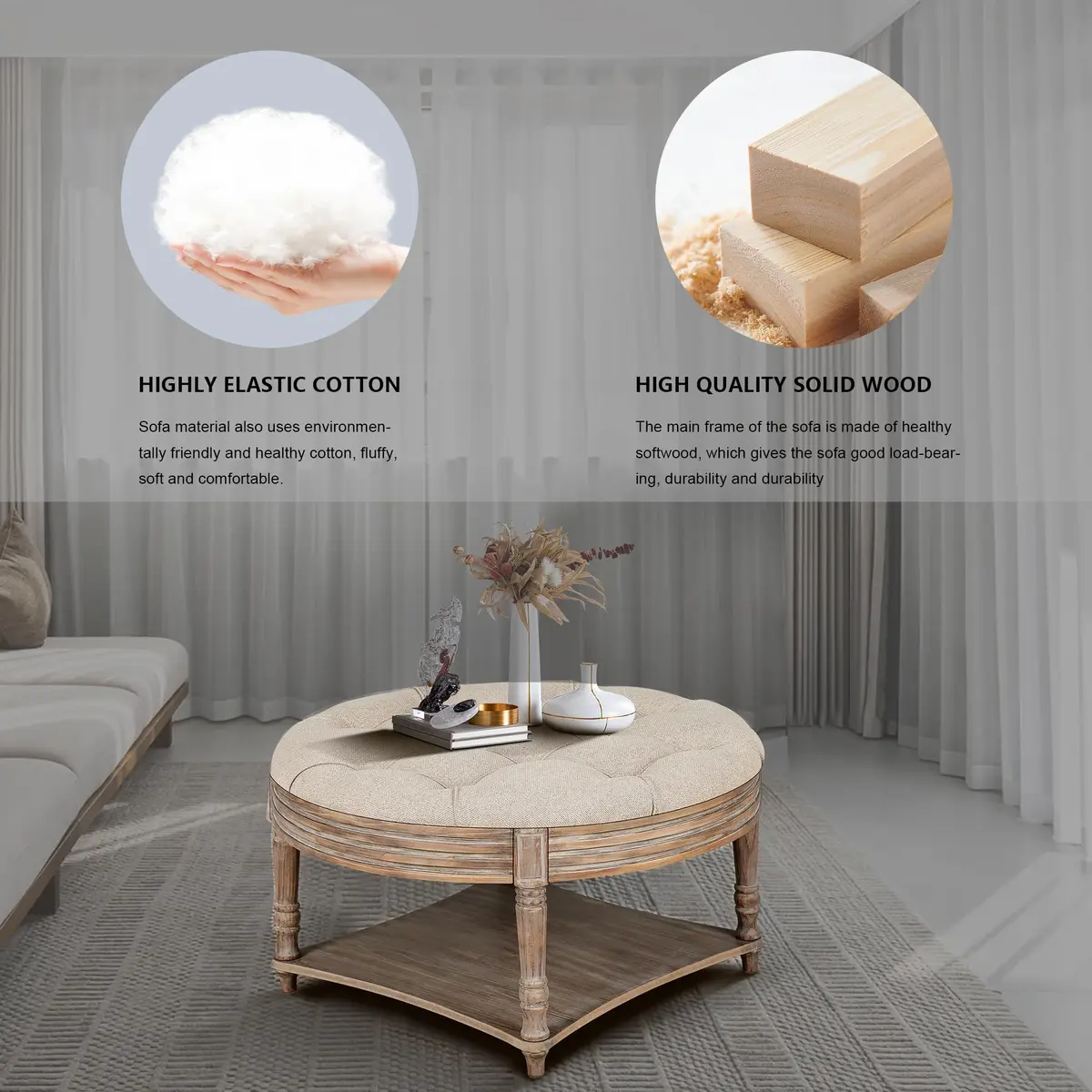 Noble House Home Furnishings Huza Round Ottoman Coffee Table, 2 Tier Button Tufted, 31.5"D x 31.5"W x 18.5"H, Farmhouse Linen Fabric - view 8