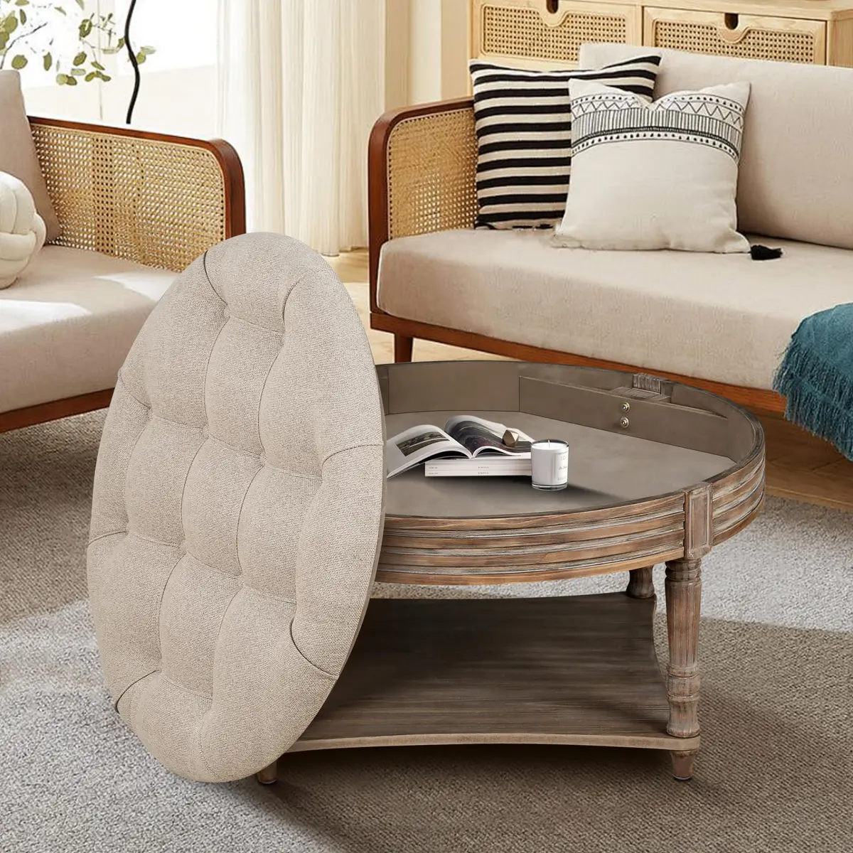 Noble House Home Furnishings Huza Round Ottoman Coffee Table, 2 Tier Button Tufted, 31.5"D x 31.5"W x 18.5"H, Farmhouse Linen Fabric - view 2