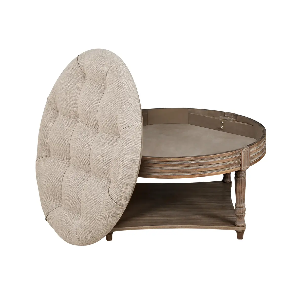 Noble House Home Furnishings Huza Round Ottoman Coffee Table, 2 Tier Button Tufted, 31.5"D x 31.5"W x 18.5"H, Farmhouse Linen Fabric - view 3