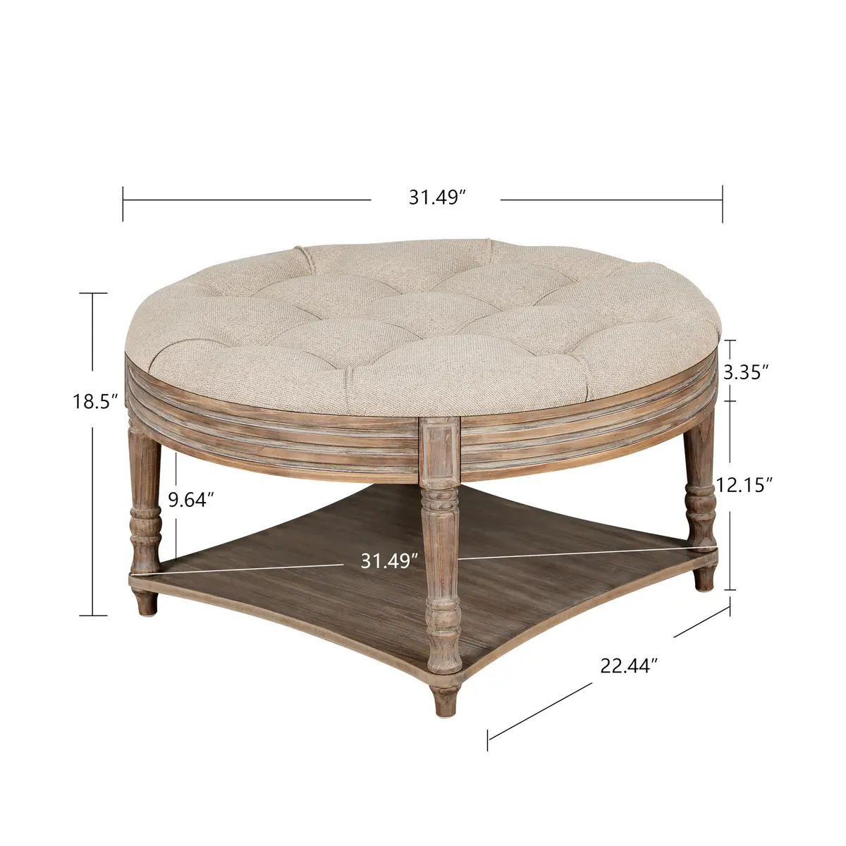 Noble House Home Furnishings Huza Round Ottoman Coffee Table, 2 Tier Button Tufted, 31.5"D x 31.5"W x 18.5"H, Farmhouse Linen Fabric - view 4