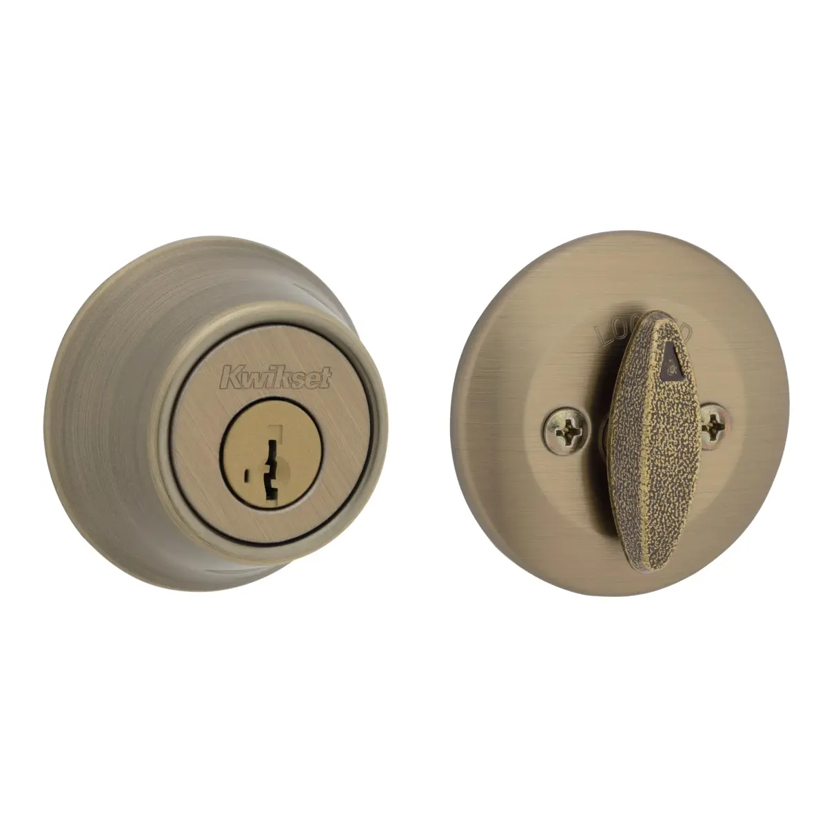 Kwikset 660 Single Cylinder Deadbolt, Antique Brass Round Exterior Keyed Entry - main product image