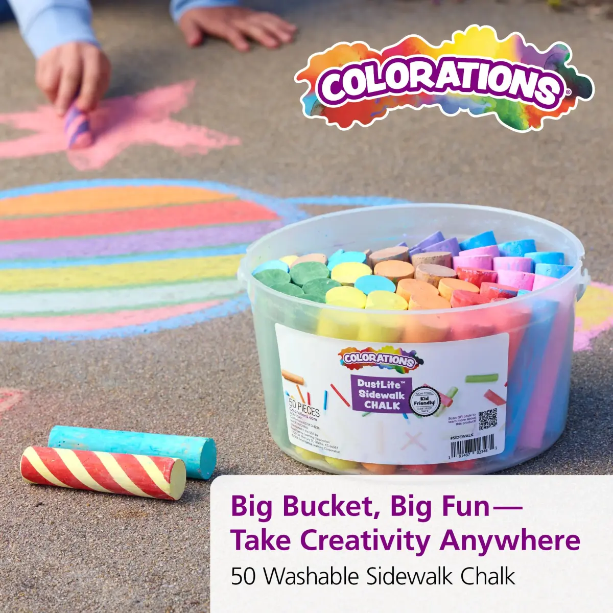 Colorations Dust-Lite Washable Sidewalk Chalk 50 Pieces + Jumbo Chalk Holder Set of 6 | Outdoor Art Kit for Kids, Washable Chalk with Grip Holders, Sidewalk Drawing Set - view 7