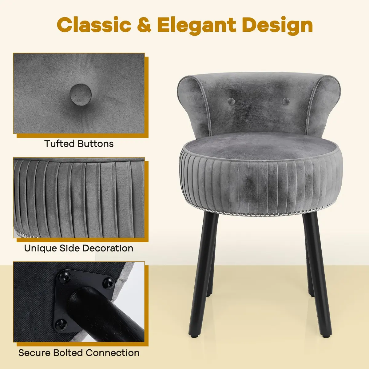CHARMAID Velvet Vanity Chair for Bedroom, Elegant Accent Chair with Tufted Low Back, Solid Wood Legs, Upholstered Seat, Modern Makeup Stool for Dressing Room, Home Office (Gray & Black) | Tufted Velvet, 19" x 18" x 26" - view 6
