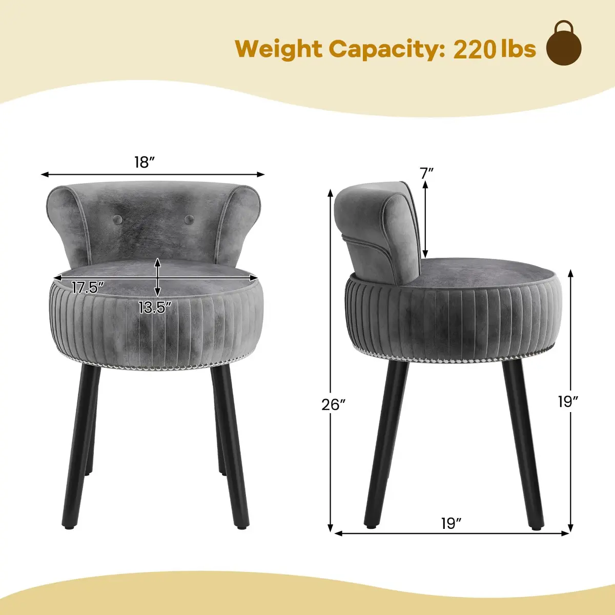 CHARMAID Velvet Vanity Chair for Bedroom, Elegant Accent Chair with Tufted Low Back, Solid Wood Legs, Upholstered Seat, Modern Makeup Stool for Dressing Room, Home Office (Gray & Black) | Tufted Velvet, 19" x 18" x 26" - view 7