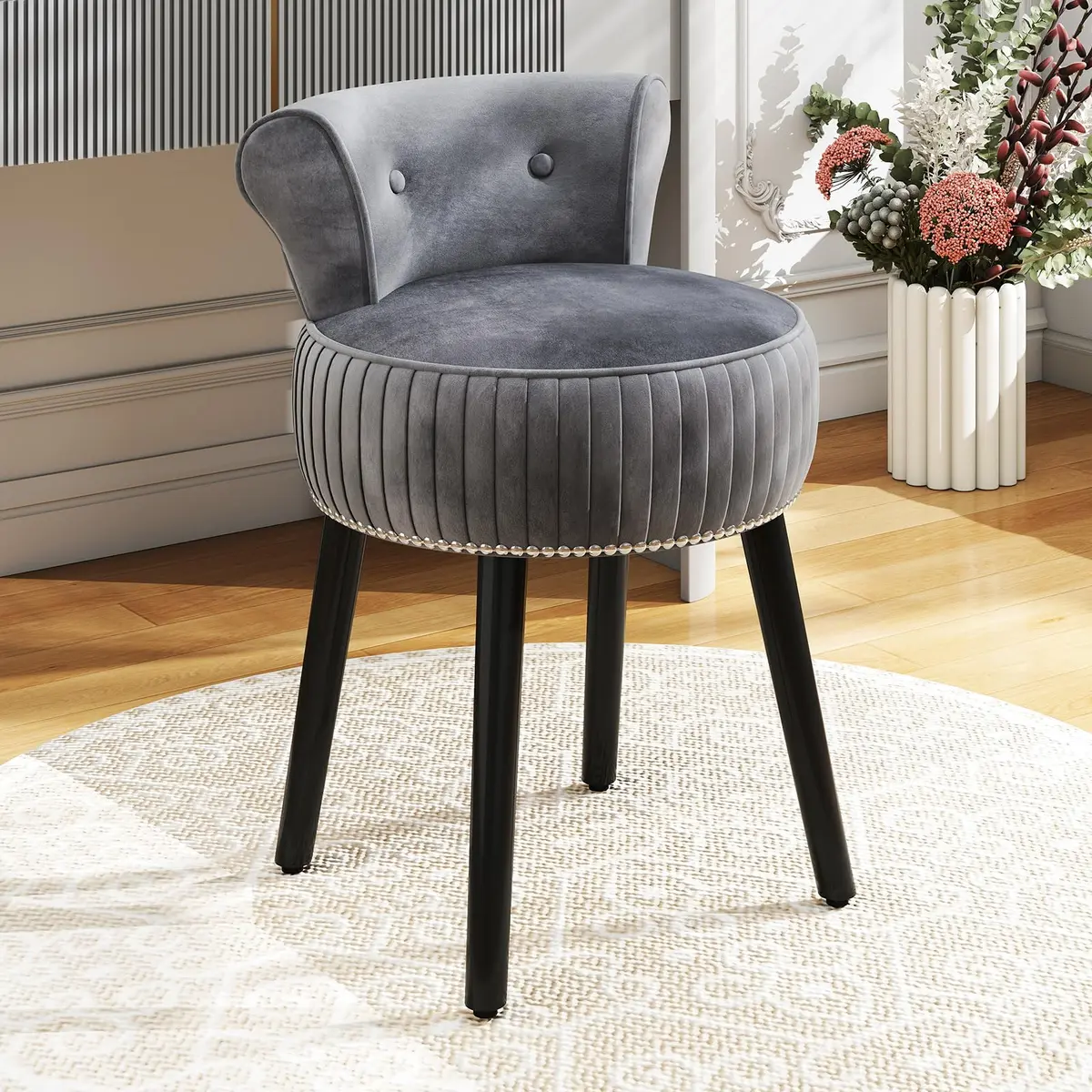 CHARMAID Velvet Vanity Chair for Bedroom, Elegant Accent Chair with Tufted Low Back, Solid Wood Legs, Upholstered Seat, Modern Makeup Stool for Dressing Room, Home Office (Gray & Black) | Tufted Velvet, 19" x 18" x 26" - view 8