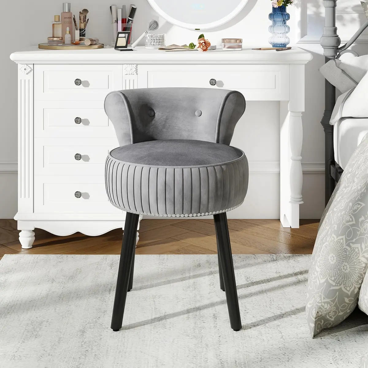 CHARMAID Velvet Vanity Chair for Bedroom, Elegant Accent Chair with Tufted Low Back, Solid Wood Legs, Upholstered Seat, Modern Makeup Stool for Dressing Room, Home Office (Gray & Black) | Tufted Velvet, 19" x 18" x 26" - view 9