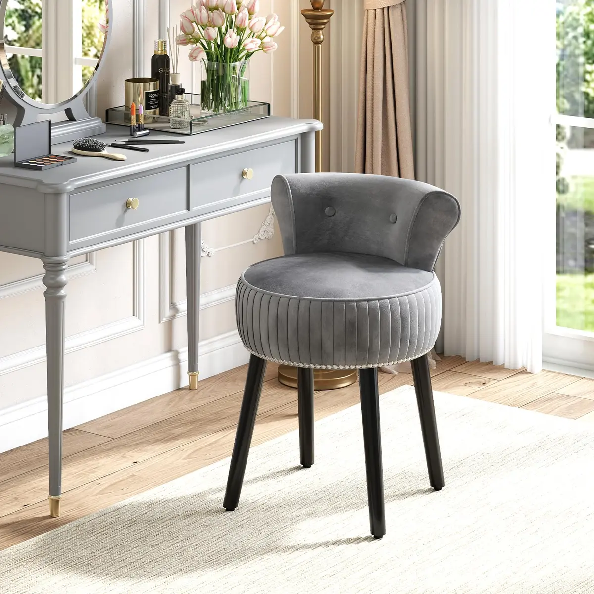 CHARMAID Velvet Vanity Chair for Bedroom, Elegant Accent Chair with Tufted Low Back, Solid Wood Legs, Upholstered Seat, Modern Makeup Stool for Dressing Room, Home Office (Gray & Black) | Tufted Velvet, 19" x 18" x 26" - view 2