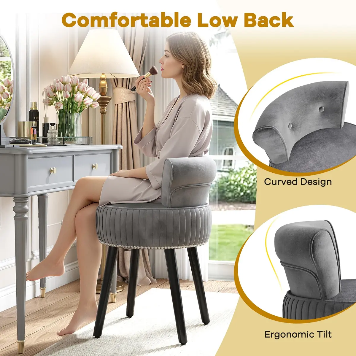 CHARMAID Velvet Vanity Chair for Bedroom, Elegant Accent Chair with Tufted Low Back, Solid Wood Legs, Upholstered Seat, Modern Makeup Stool for Dressing Room, Home Office (Gray & Black) | Tufted Velvet, 19" x 18" x 26" - view 3