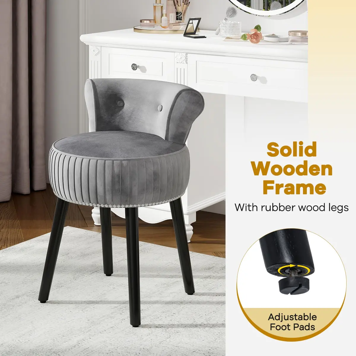 CHARMAID Velvet Vanity Chair for Bedroom, Elegant Accent Chair with Tufted Low Back, Solid Wood Legs, Upholstered Seat, Modern Makeup Stool for Dressing Room, Home Office (Gray & Black) | Tufted Velvet, 19" x 18" x 26" - view 4