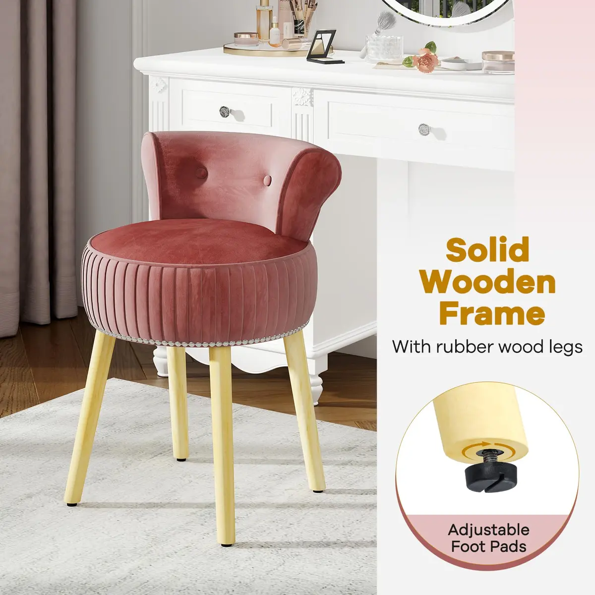 CHARMAID Velvet Vanity Chair for Bedroom, Elegant Accent Chair with Tufted Low Back, Solid Wood Legs, Upholstered Seat, Modern Makeup Stool for Dressing Room, Home Office (Burgundy & Natural) | Stylish & Durable - view 6