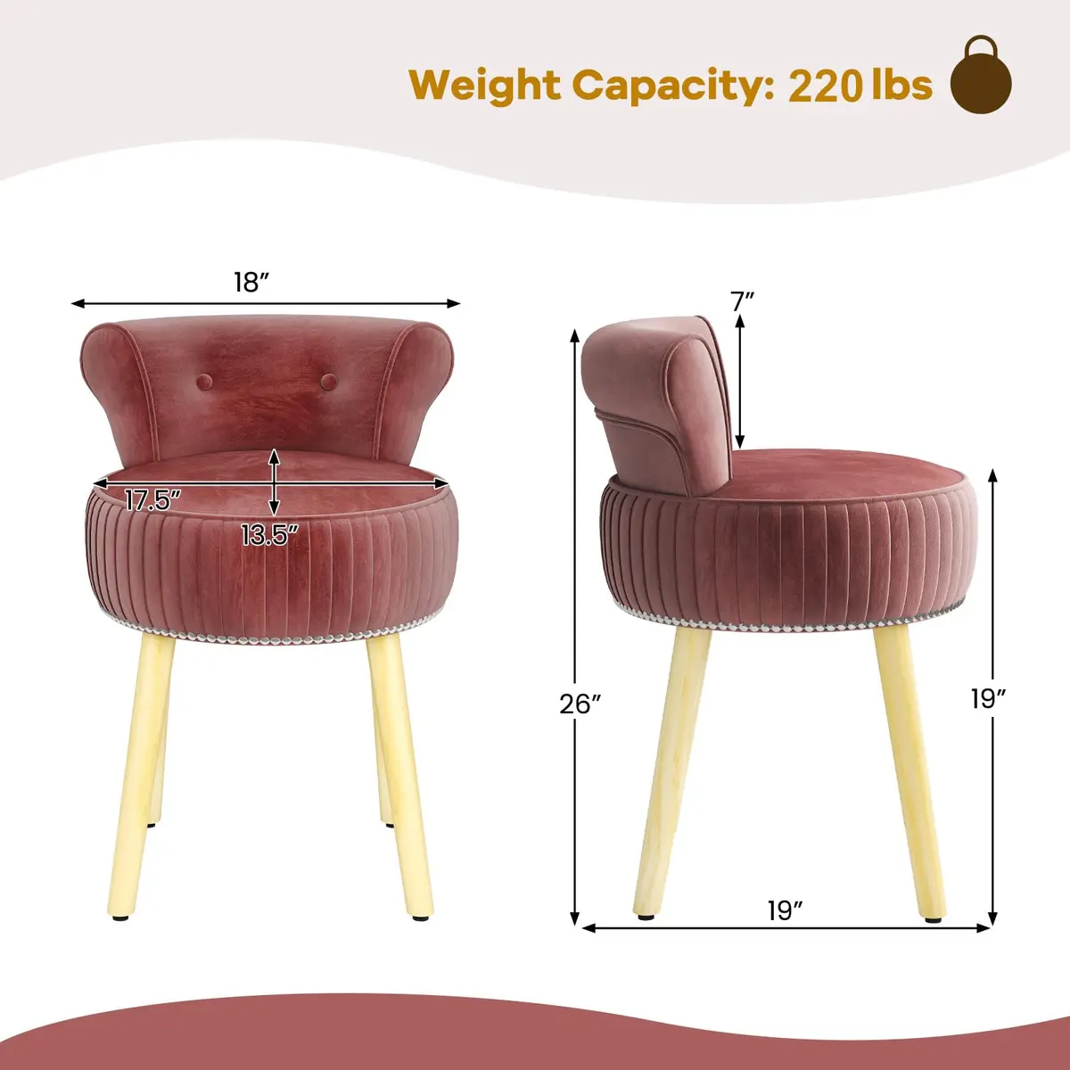 CHARMAID Velvet Vanity Chair for Bedroom, Elegant Accent Chair with Tufted Low Back, Solid Wood Legs, Upholstered Seat, Modern Makeup Stool for Dressing Room, Home Office (Burgundy & Natural) | Stylish & Durable - view 7