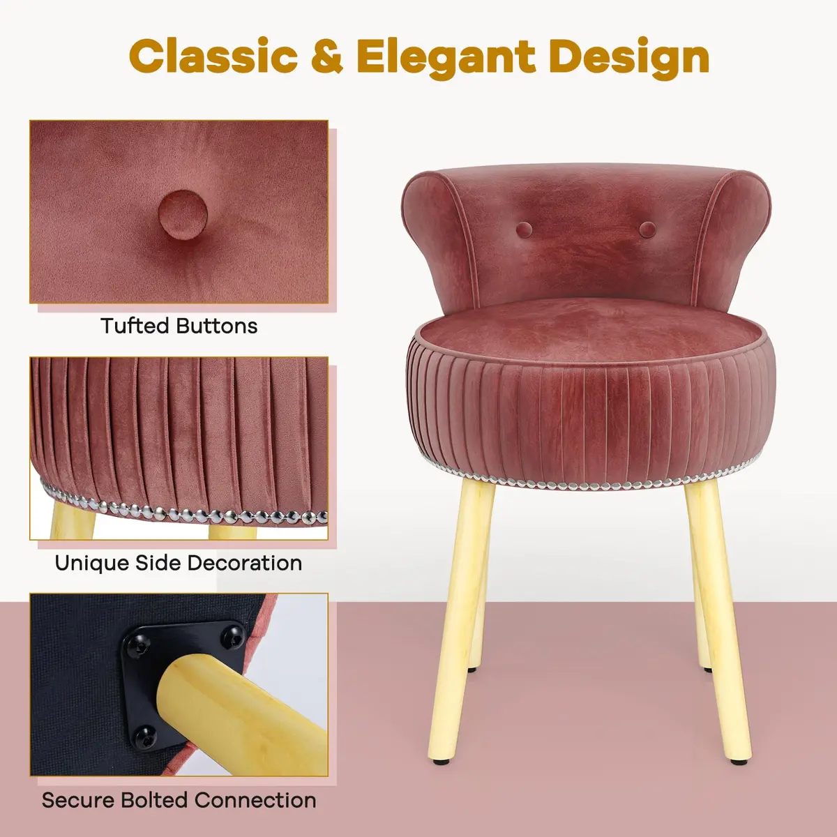 CHARMAID Velvet Vanity Chair for Bedroom, Elegant Accent Chair with Tufted Low Back, Solid Wood Legs, Upholstered Seat, Modern Makeup Stool for Dressing Room, Home Office (Burgundy & Natural) | Stylish & Durable - view 8