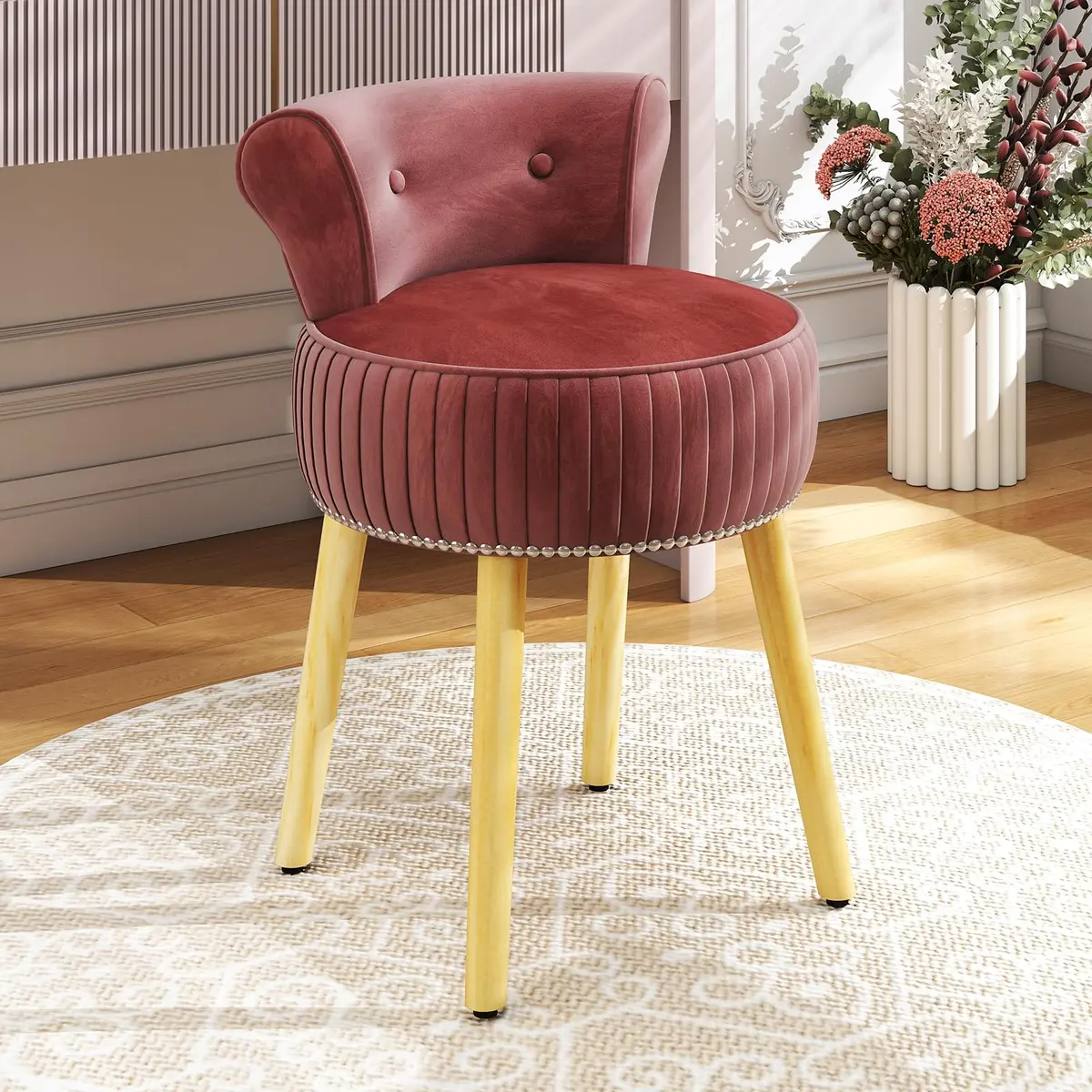 CHARMAID Velvet Vanity Chair for Bedroom, Elegant Accent Chair with Tufted Low Back, Solid Wood Legs, Upholstered Seat, Modern Makeup Stool for Dressing Room, Home Office (Burgundy & Natural) | Stylish & Durable - view 2