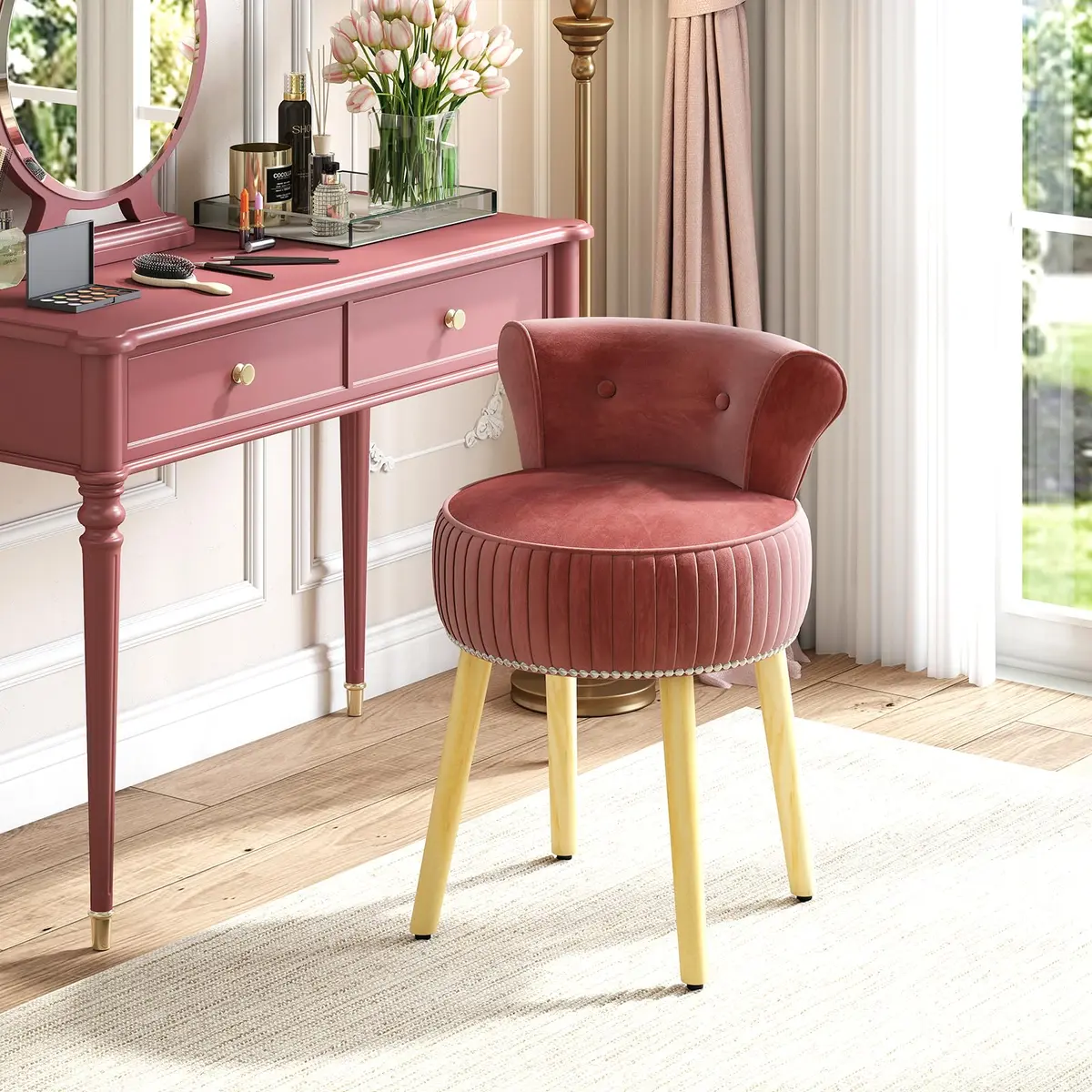 CHARMAID Velvet Vanity Chair for Bedroom, Elegant Accent Chair with Tufted Low Back, Solid Wood Legs, Upholstered Seat, Modern Makeup Stool for Dressing Room, Home Office (Burgundy & Natural) | Stylish & Durable - view 3