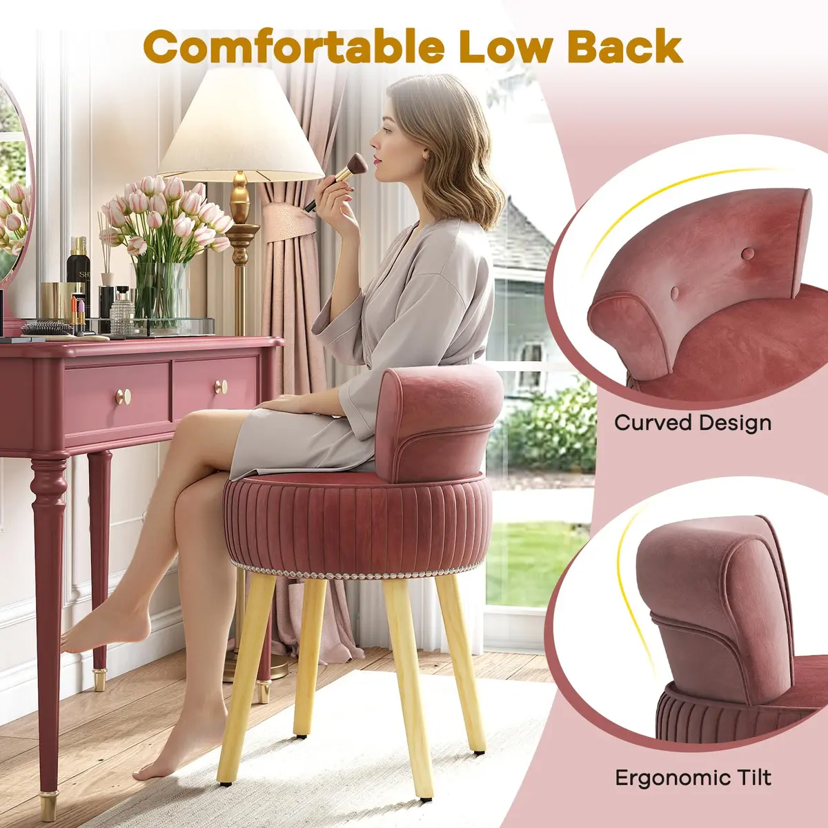 CHARMAID Velvet Vanity Chair for Bedroom, Elegant Accent Chair with Tufted Low Back, Solid Wood Legs, Upholstered Seat, Modern Makeup Stool for Dressing Room, Home Office (Burgundy & Natural) | Stylish & Durable - view 4