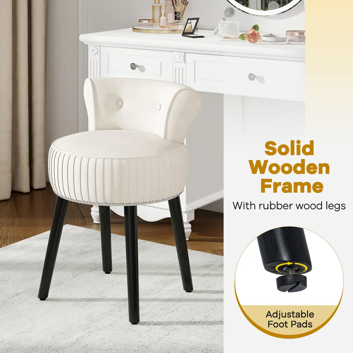 CHARMAID Velvet Vanity Chair for Bedroom, Elegant Accent Chair with Tufted Low Back, Solid Wood Legs, Upholstered Seat, Modern Makeup Stool for Dressing Room, Home Office (Beige & Black) | Tufted Velvet, 19" x 18" x 26" - view 5