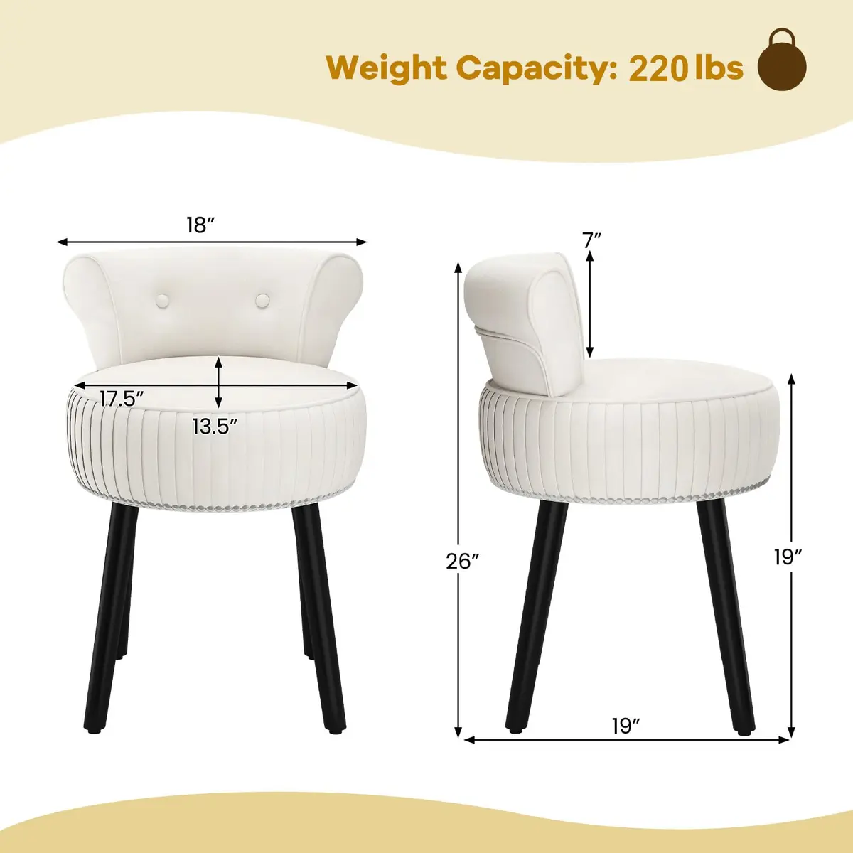 CHARMAID Velvet Vanity Chair for Bedroom, Elegant Accent Chair with Tufted Low Back, Solid Wood Legs, Upholstered Seat, Modern Makeup Stool for Dressing Room, Home Office (Beige & Black) | Tufted Velvet, 19" x 18" x 26" - view 7