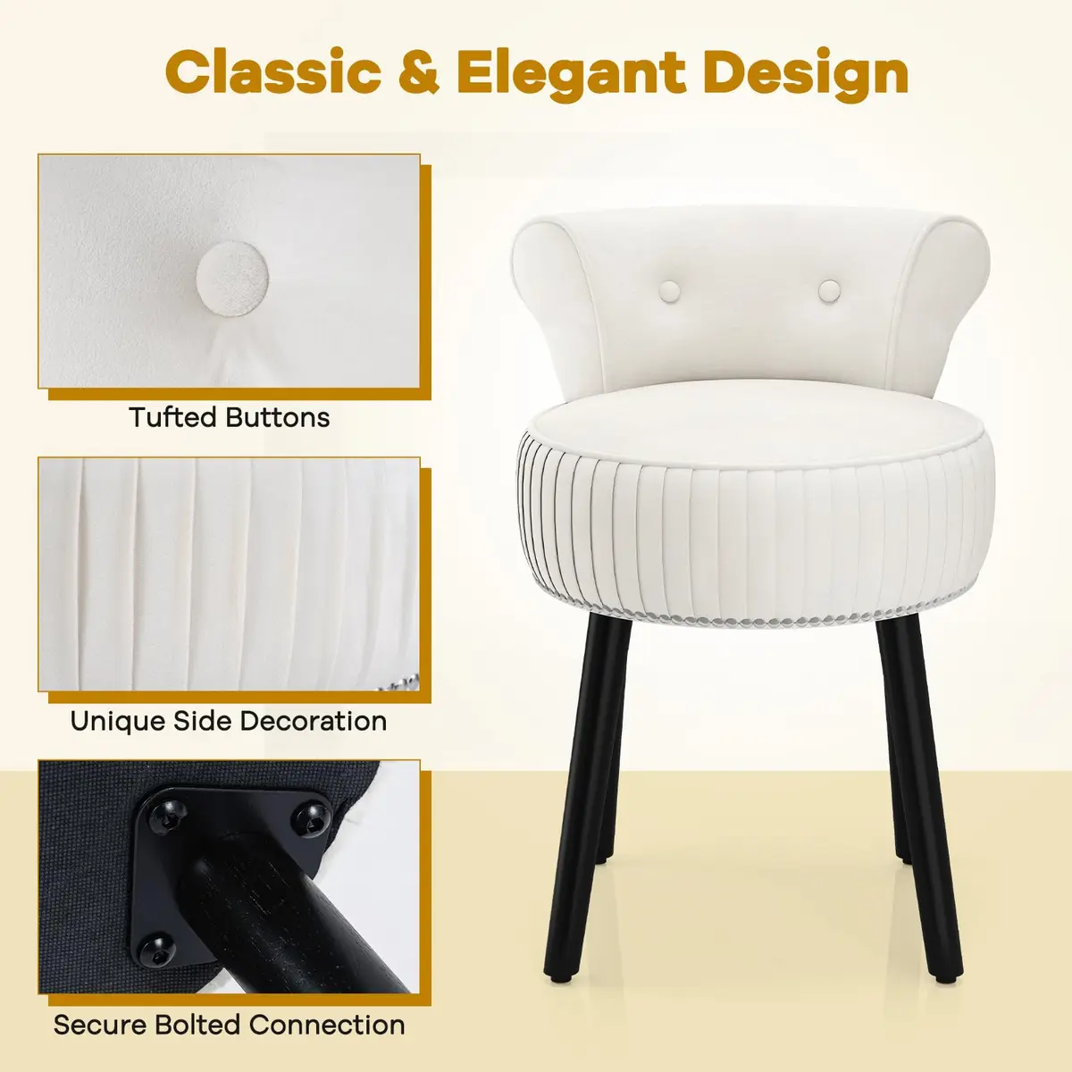 CHARMAID Velvet Vanity Chair for Bedroom, Elegant Accent Chair with Tufted Low Back, Solid Wood Legs, Upholstered Seat, Modern Makeup Stool for Dressing Room, Home Office (Beige & Black) | Tufted Velvet, 19" x 18" x 26" - view 8